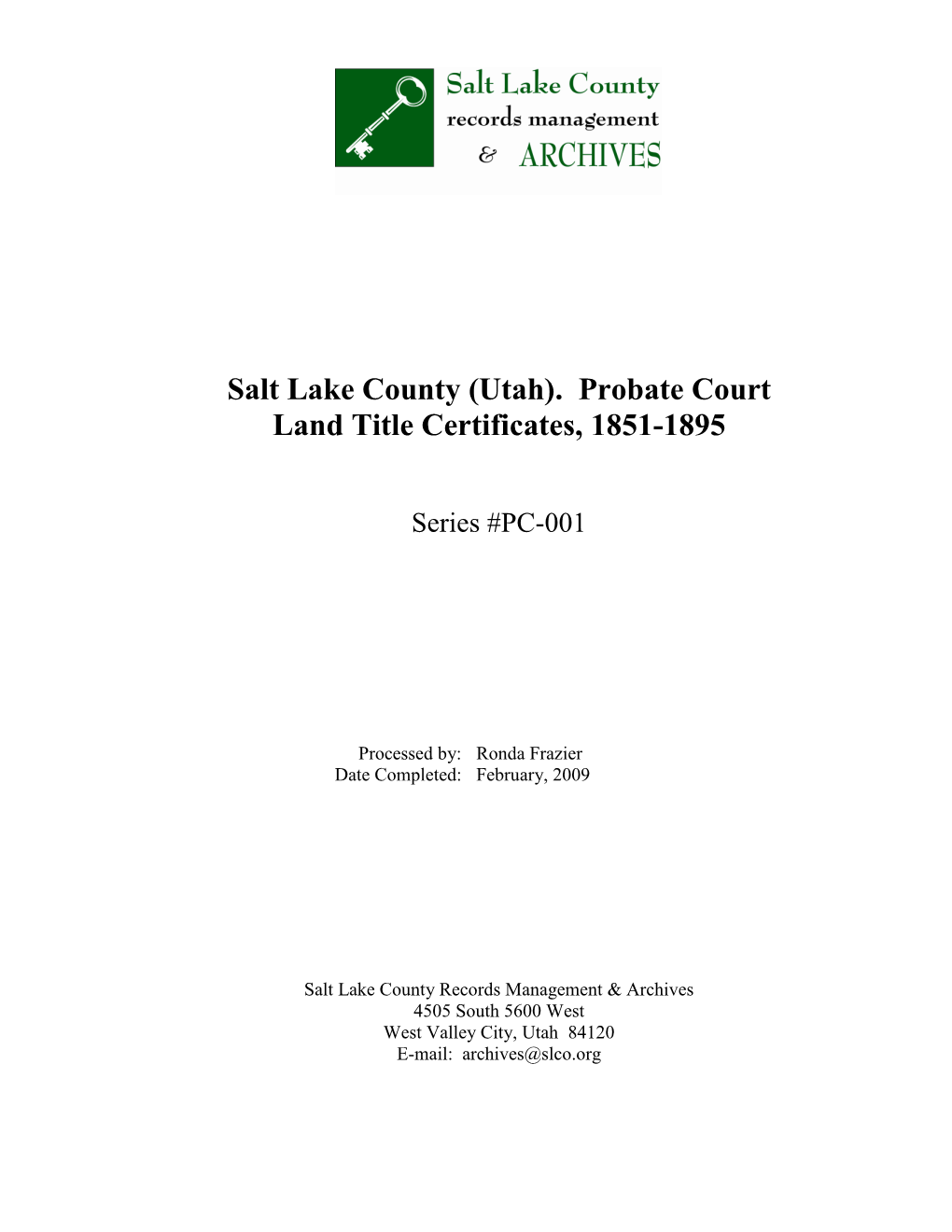 (Utah). Probate Court Land Title Certificates, 1851-1895