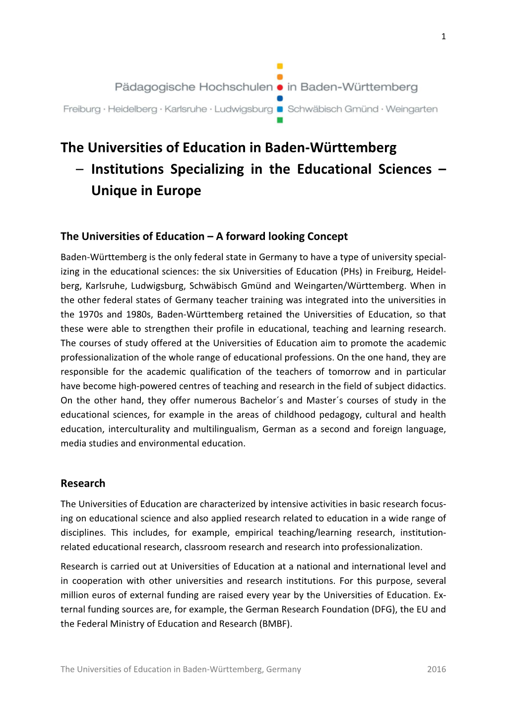 The Universities of Education in Baden-Württemberg – Institutions Specializing in the Educational Sciences – Unique in Europe
