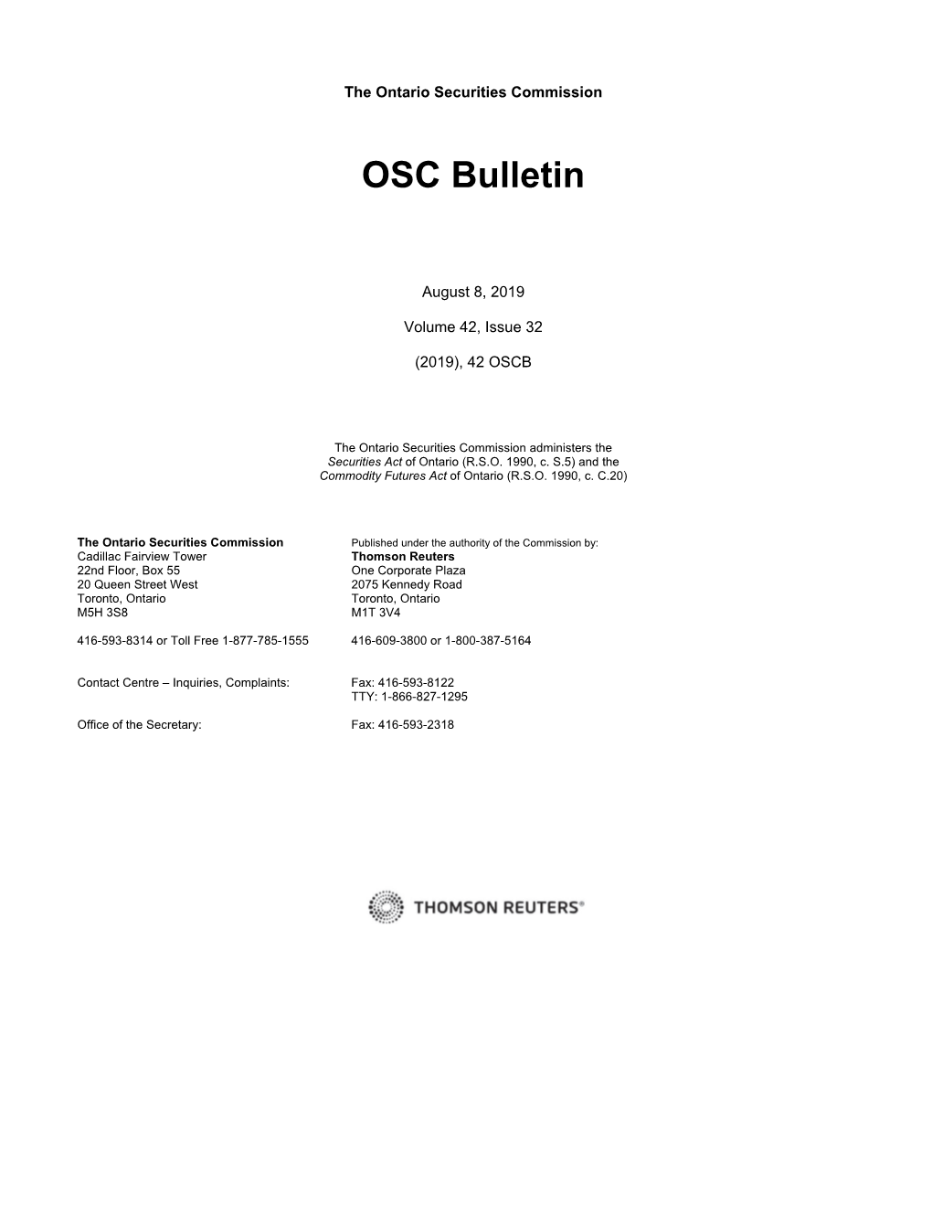 OSC Bulletin Volume 42, Issue 32 (August 8, 2019)