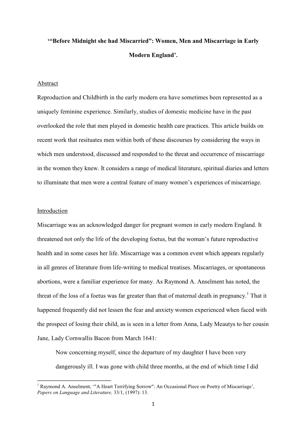 '“Before Midnight She Had Miscarried”: Women, Men and Miscarriage in Early Modern England'