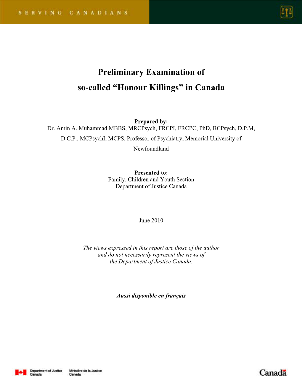 Preliminary Examination of So-Called “Honour Killings” in Canada