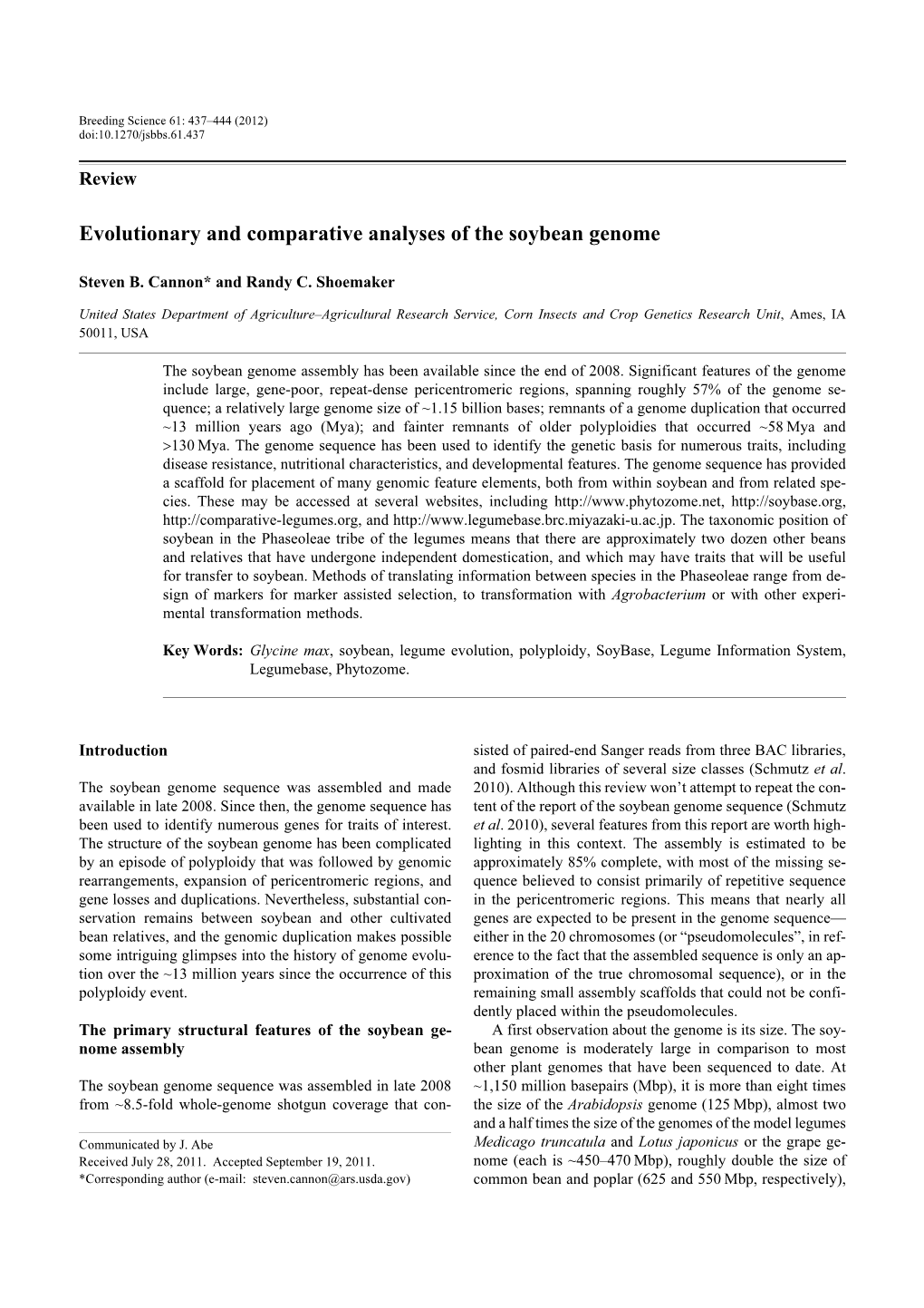 Evolutionary and Comparative Analyses of the Soybean Genome