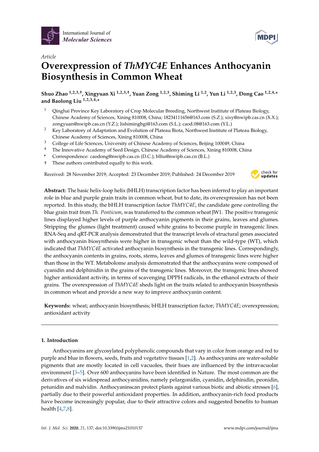 Overexpression of Thmyc4e Enhances Anthocyanin Biosynthesis in Common Wheat