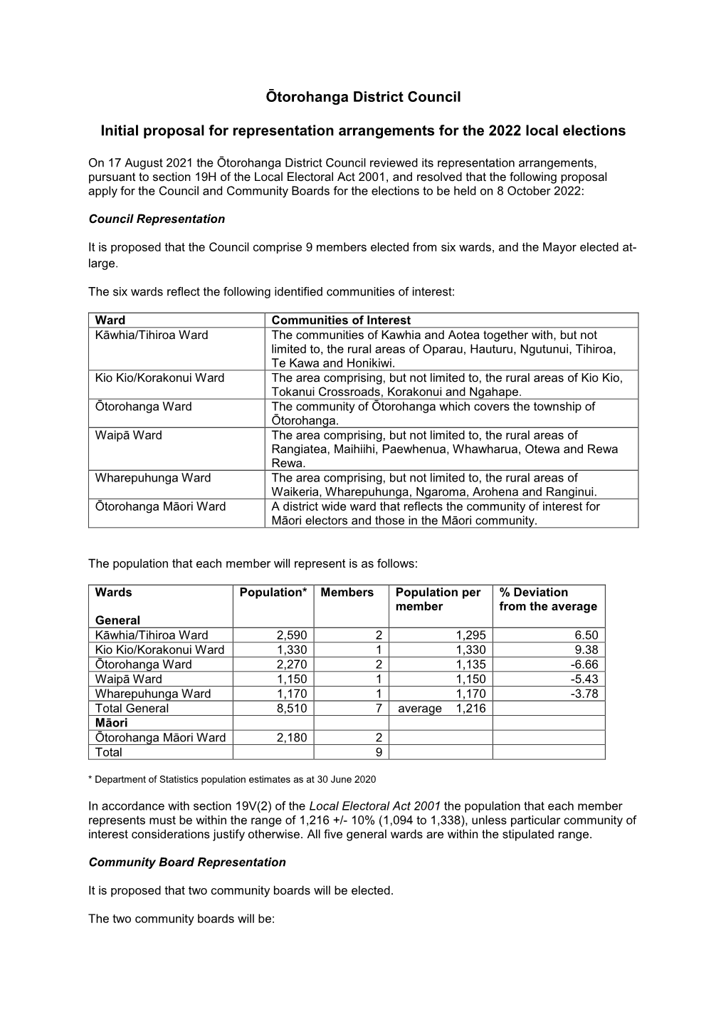 Ōtorohanga District Council Initial Proposal for Representation Arrangements for the 2022 Local Elections