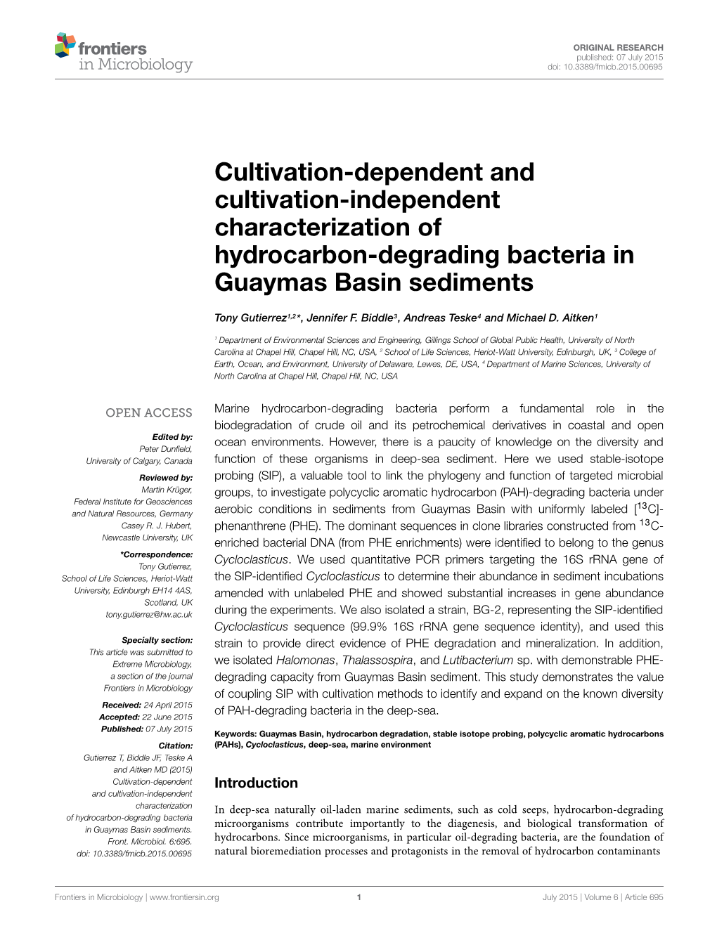 Cultivation-Dependent and Cultivation-Independent Characterization of Hydrocarbon-Degrading Bacteria in Guaymas Basin Sediments