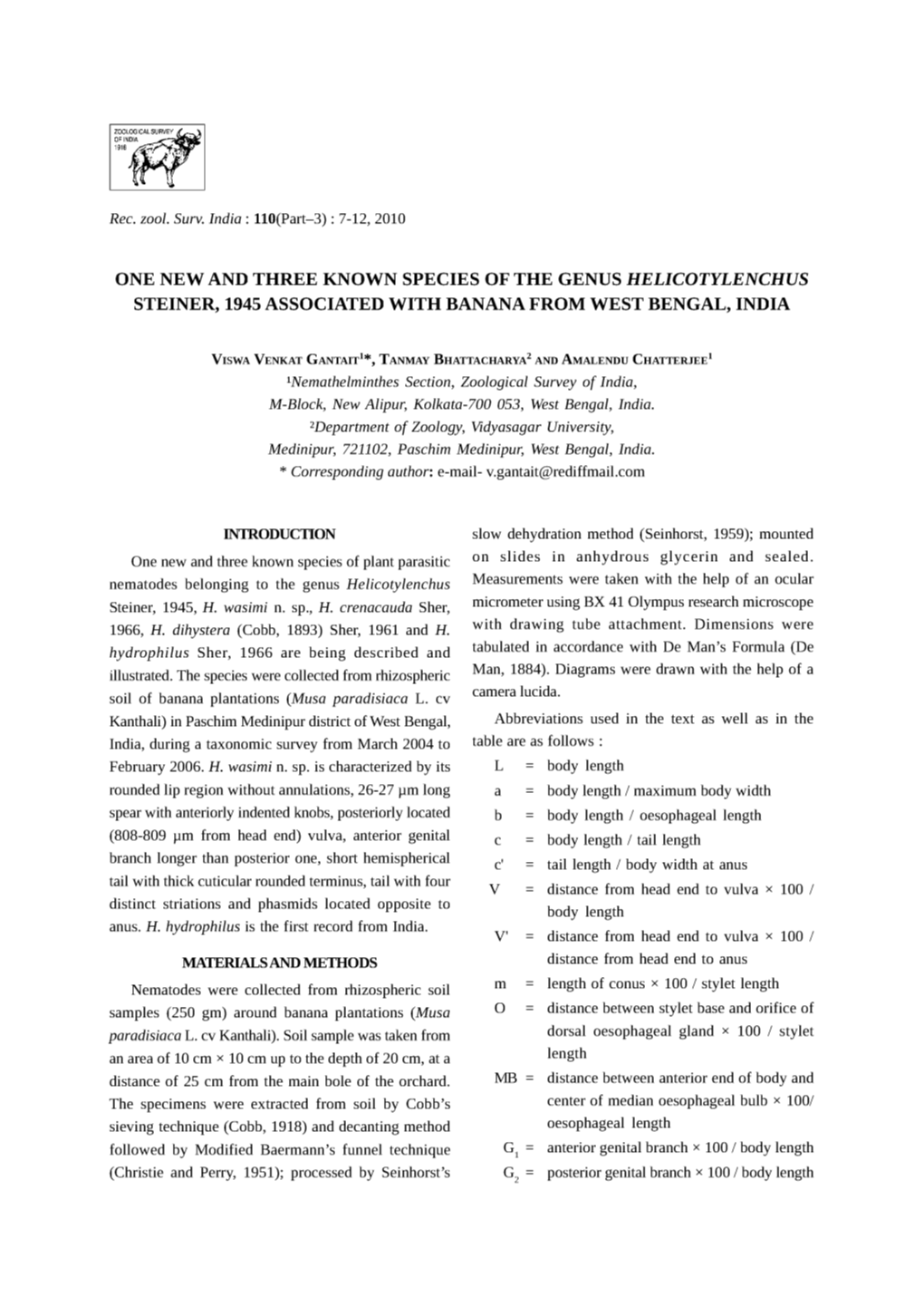 One New and Three Known Species of the Genus Helicotylenchus Steiner, 1945 Associated with Banana from West Bengal, India