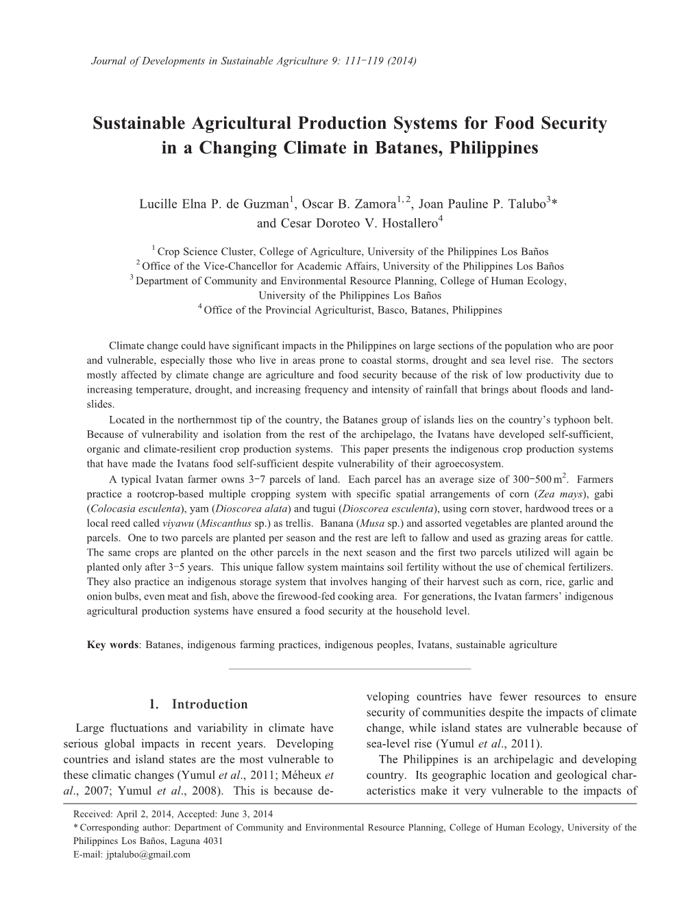 Sustainable Agricultural Production Systems for Food Security in a Changing Climate in Batanes, Philippines