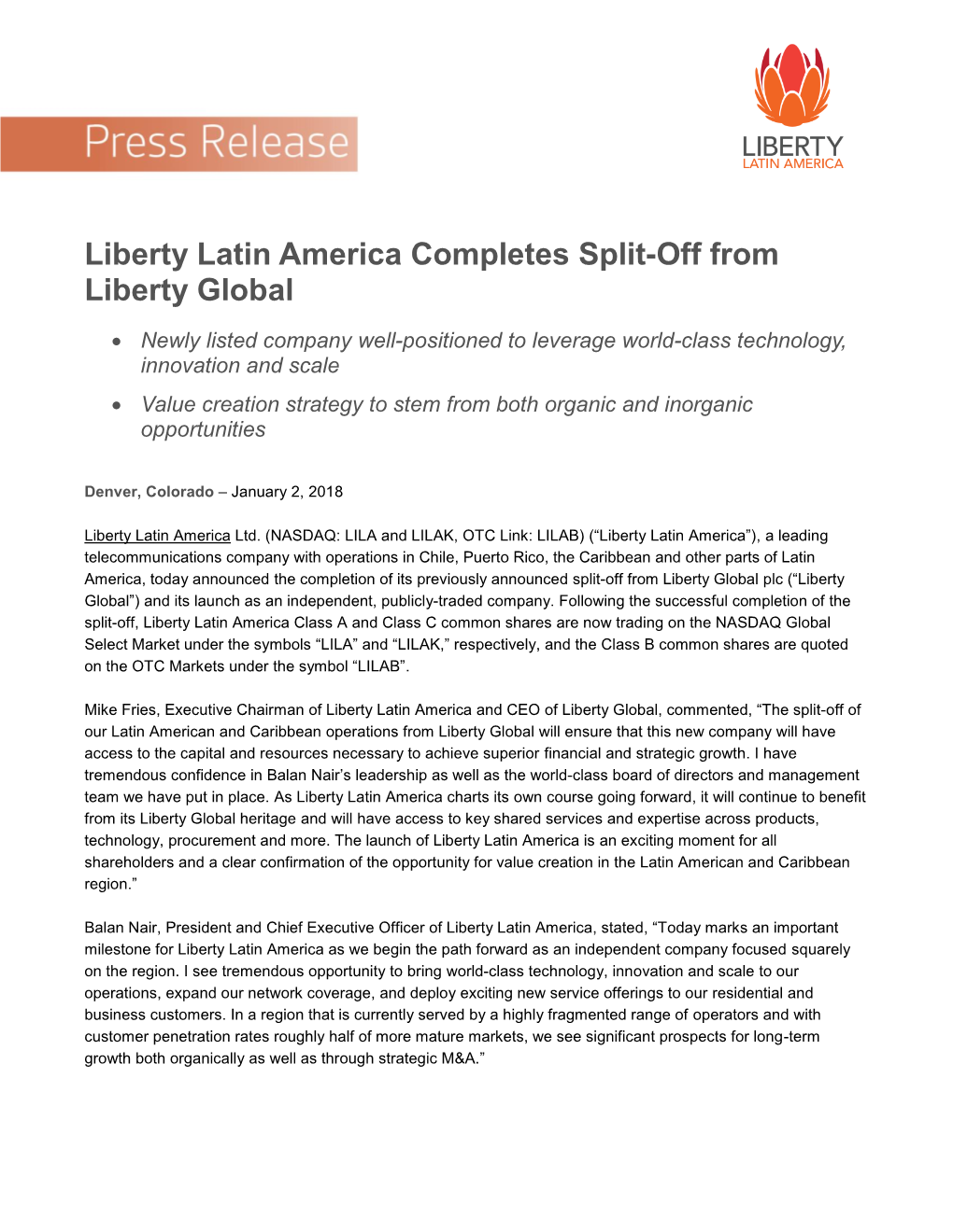 Liberty Latin America Completes Split-Off from Liberty Global