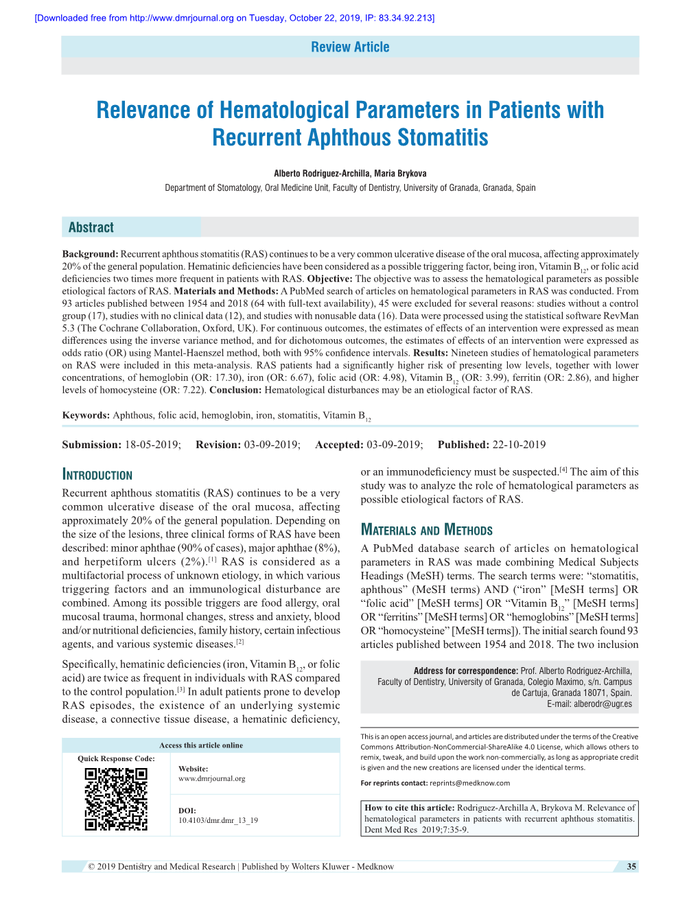 Relevance of Hematological Parameters in Patients with Recurrent Aphthous Stomatitis