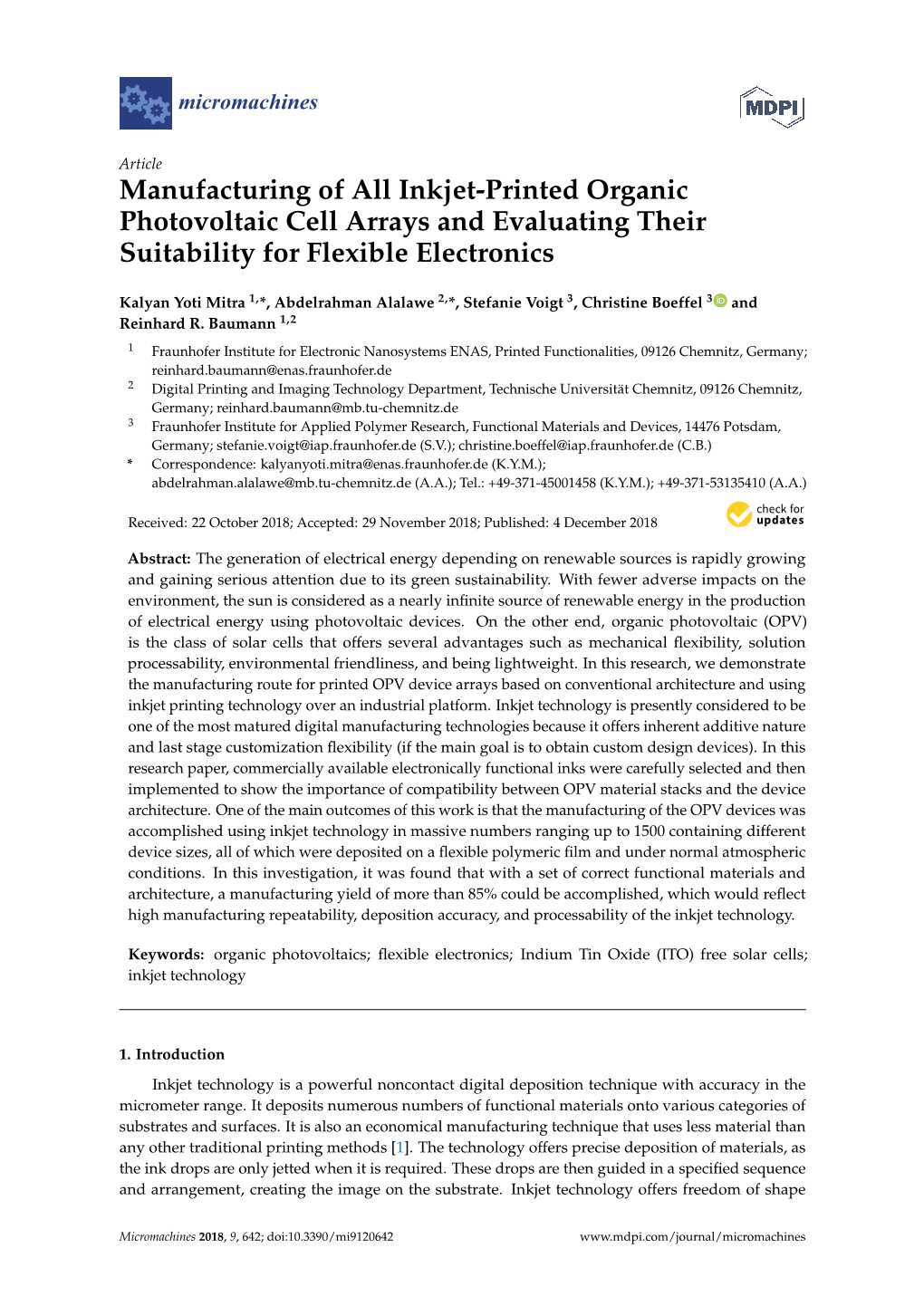 Manufacturing of All Inkjet-Printed Organic Photovoltaic Cell Arrays and Evaluating Their Suitability for Flexible Electronics