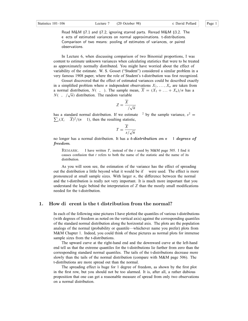 1. How Different Is the T Distribution from the Normal?