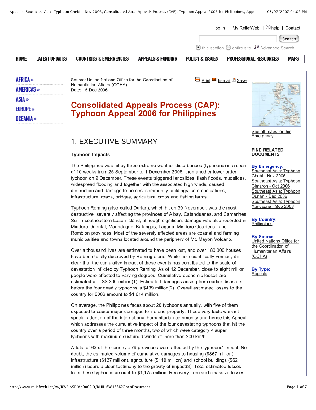 Appeals: Southeast Asia: Typhoon Chebi - Nov 2006, Consolidated Ap… Appeals Process (CAP): Typhoon Appeal 2006 for Philippines, Appe 05/07/2007 04:02 PM