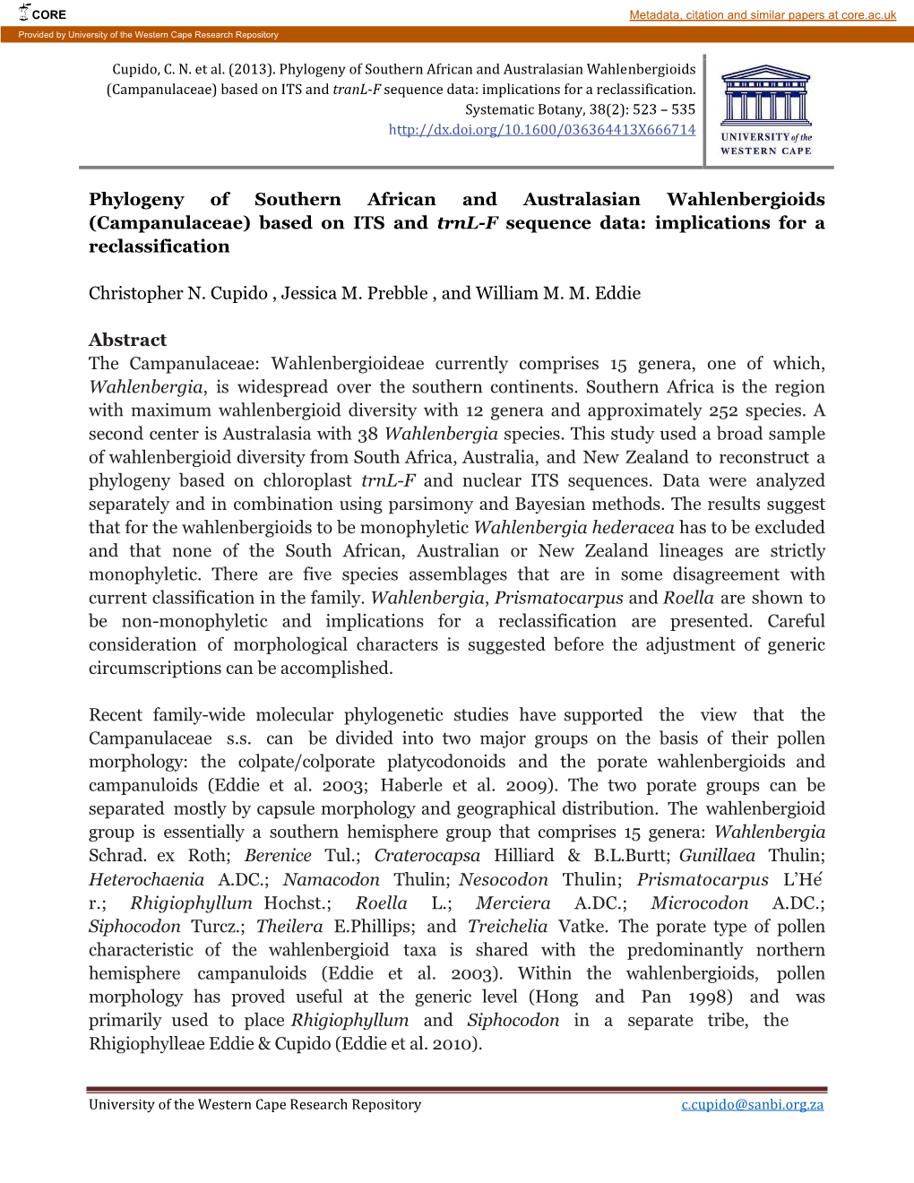 Campanulaceae) Based on ITS and Tranl-F Sequence Data: Implications for a Reclassification