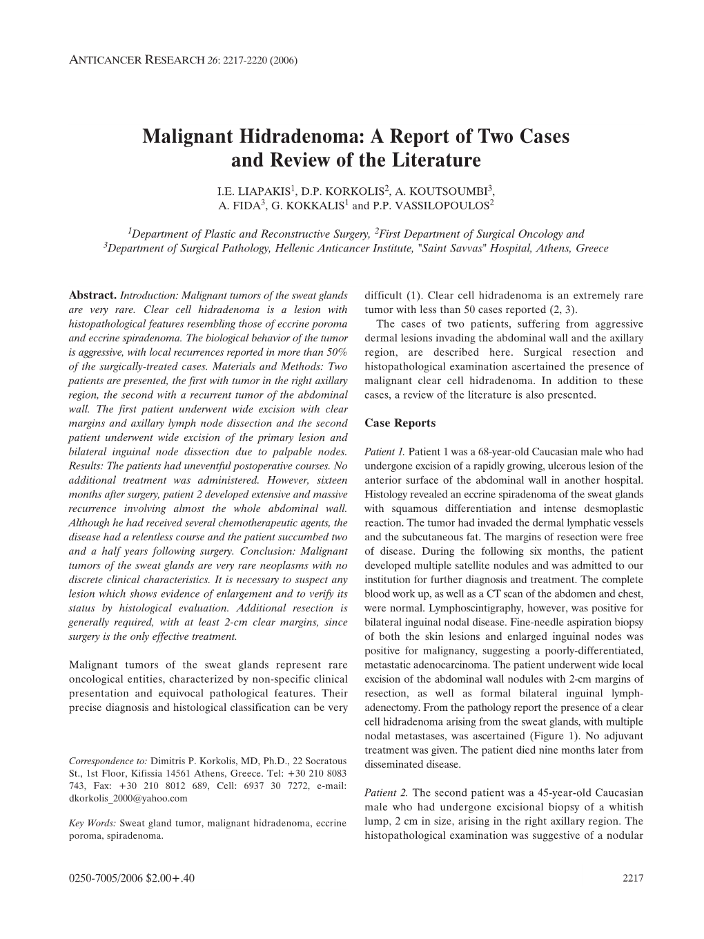 Malignant Hidradenoma: a Report of Two Cases and Review of the Literature