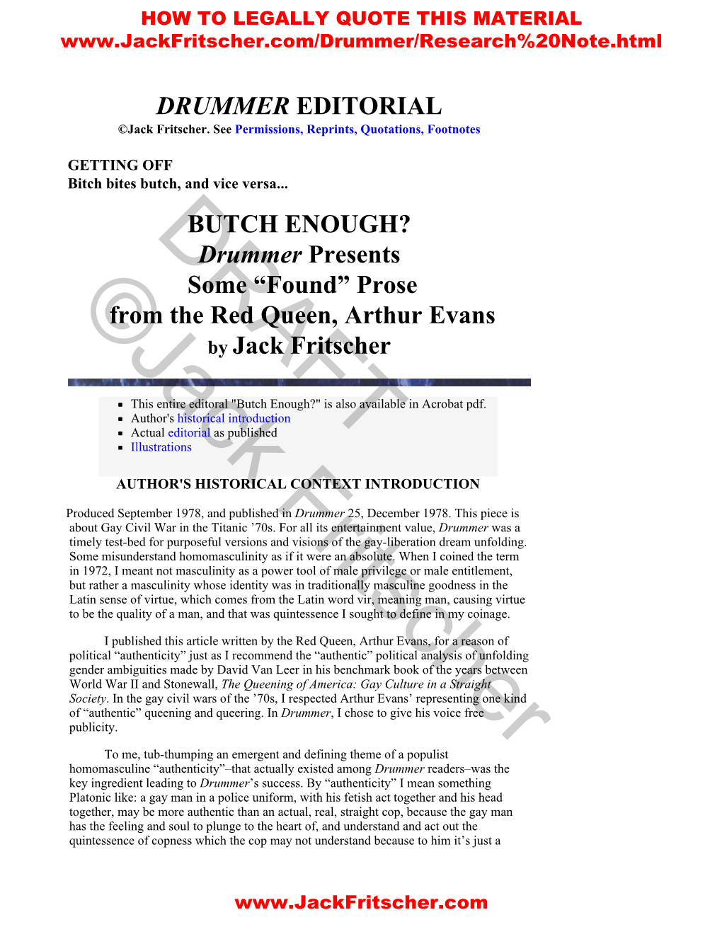 BUTCH ENOUGH? Drummer Presents Some “Found” Prose ©Jack from the Red Queen, Arthur Evans by Jack Fritscher