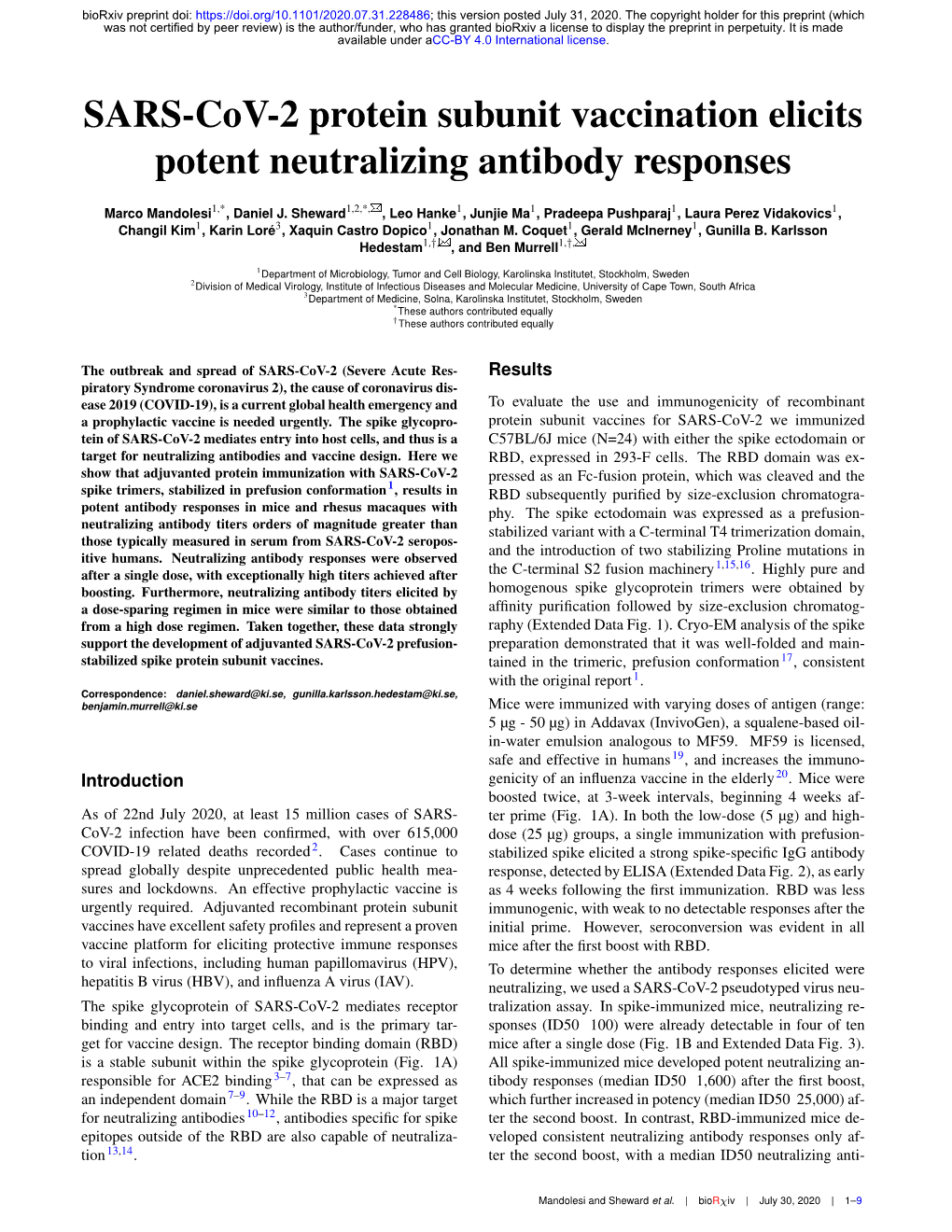 SARS-Cov-2 Protein Subunit Vaccination Elicits Potent Neutralizing Antibody Responses