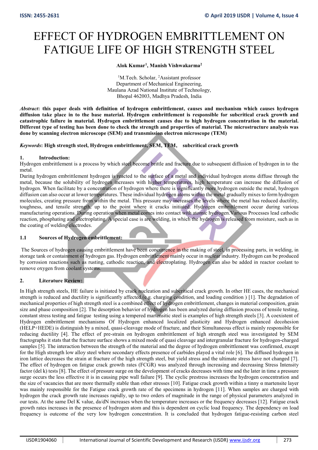 Effect of Hydrogen Embrittlement on Fatigue Life of High Strength Steel