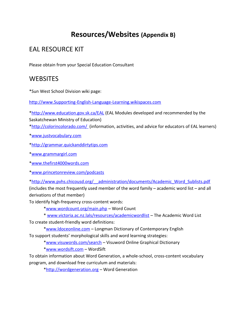 Resources/Websites (Appendix B)