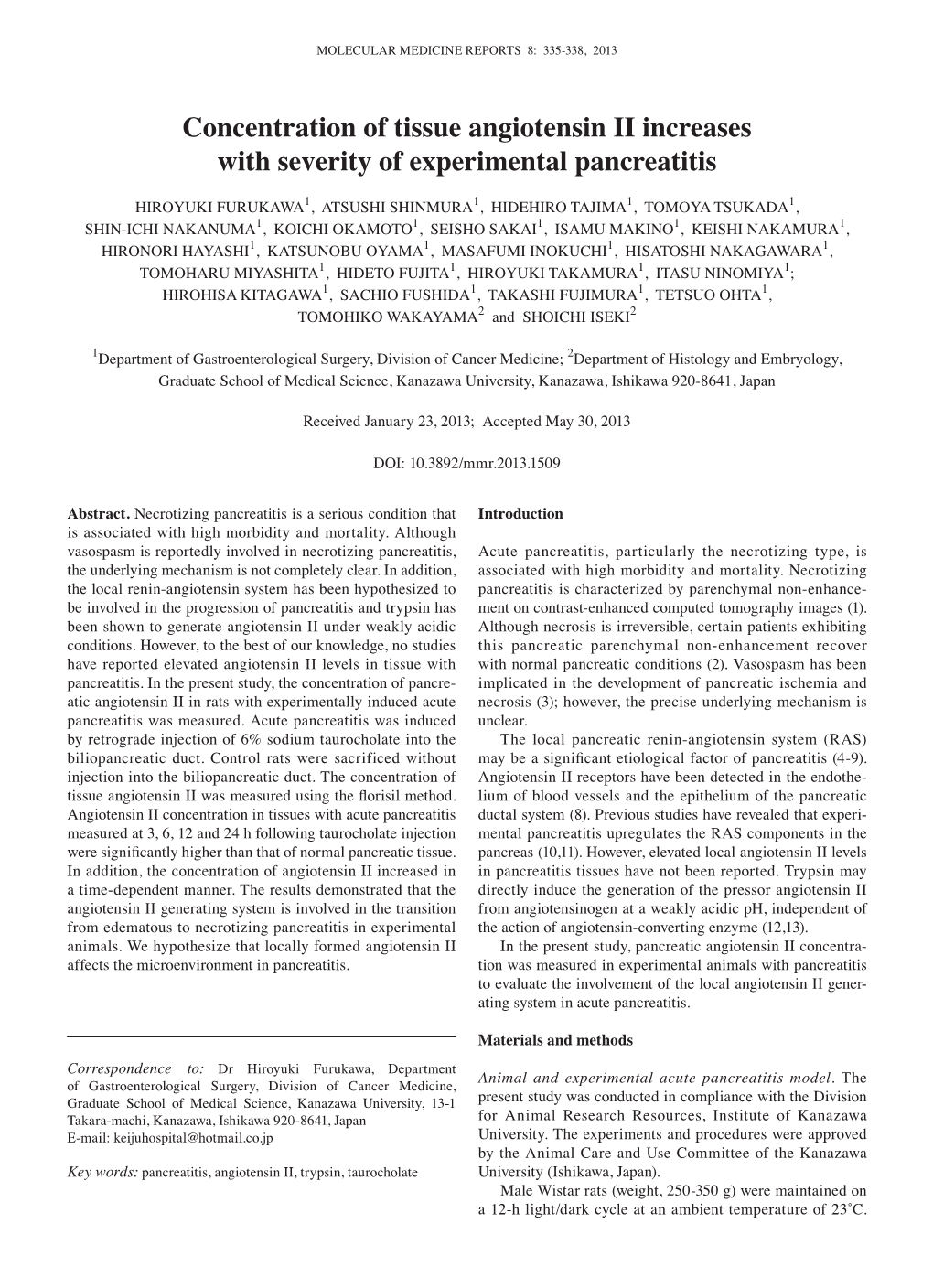 Concentration of Tissue Angiotensin II Increases with Severity of Experimental Pancreatitis