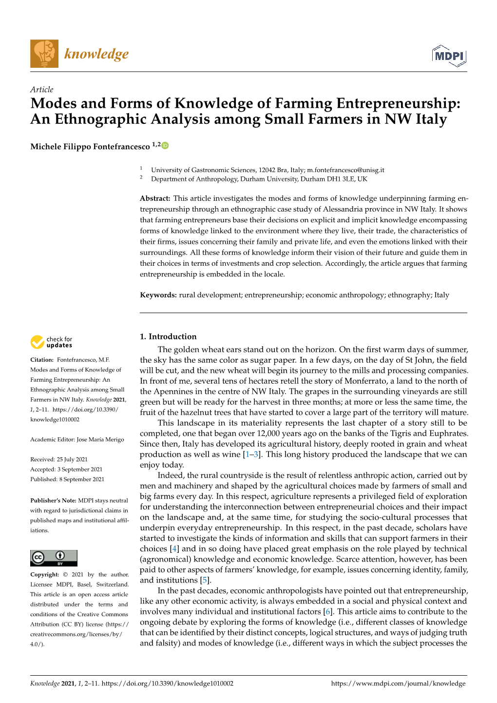 An Ethnographic Analysis Among Small Farmers in NW Italy