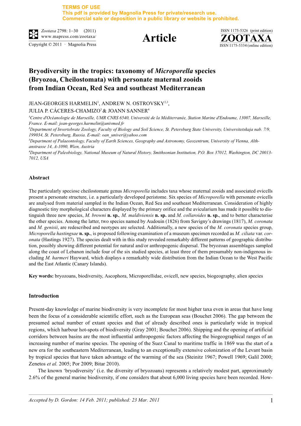 Bryodiversity in the Tropics: Taxonomy of Microporella Species (Bryozoa