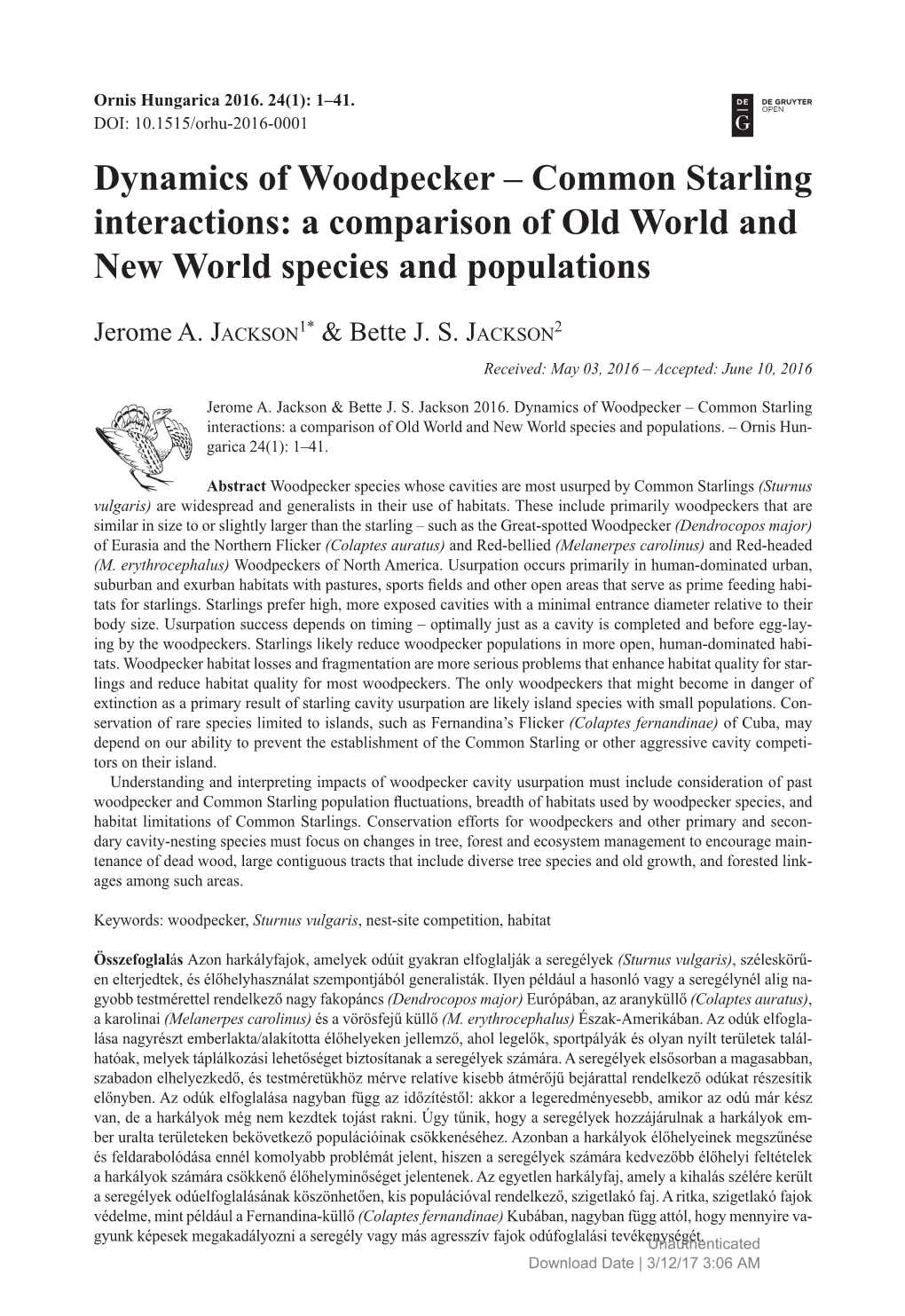 Dynamics of Woodpecker – Common Starling Interactions: a Comparison of Old World and New World Species and Populations