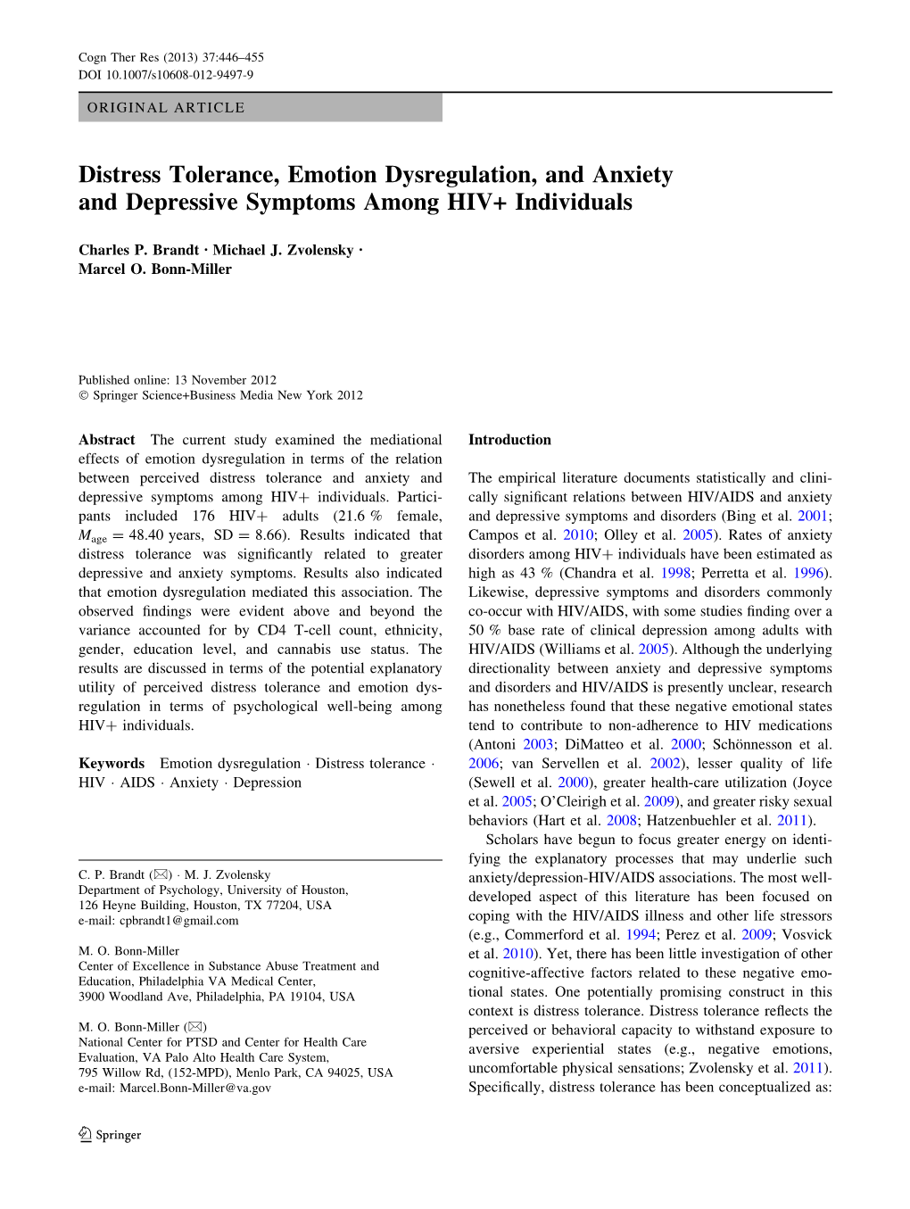 Distress Tolerance, Emotion Dysregulation, and Anxiety and Depressive Symptoms Among HIV+ Individuals