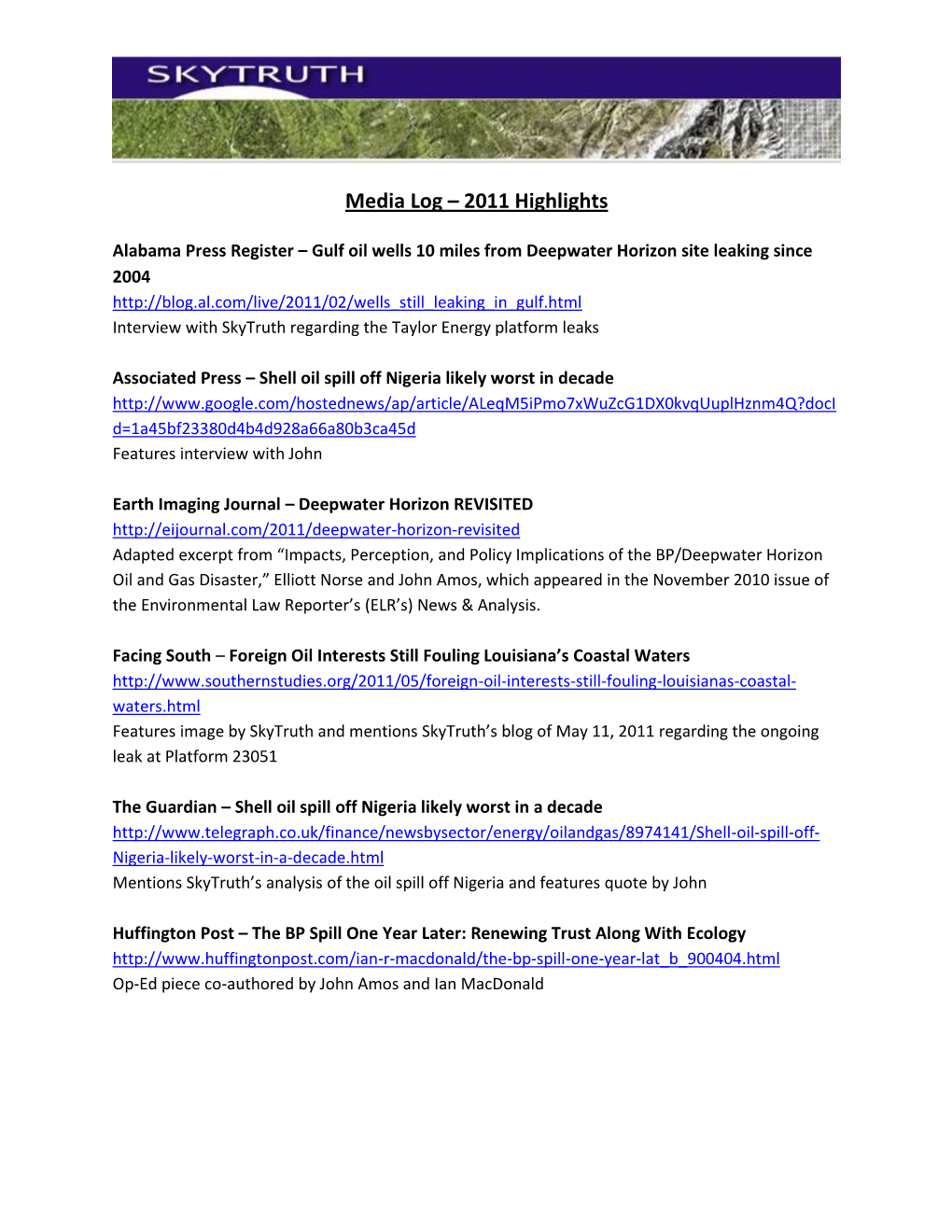 Media Log – 2011 Highlights