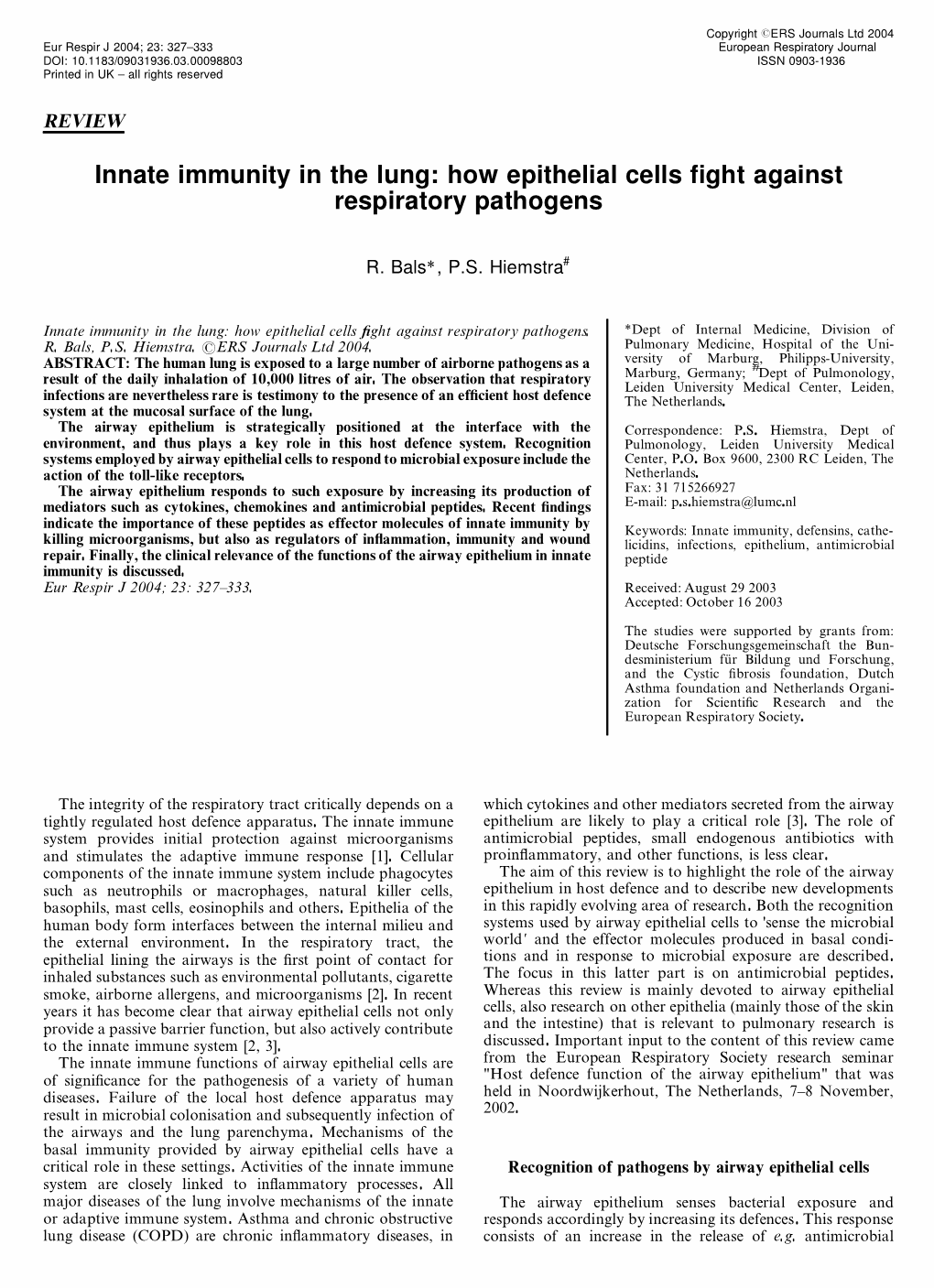 Innate Immunity in the Lung: How Epithelial Cells Fight Against