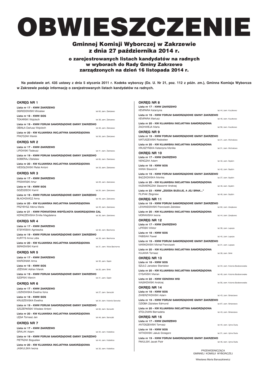 Gminnej Komisji Wyborczej W Zakrzewie Z Dnia 27 Października 2014 R