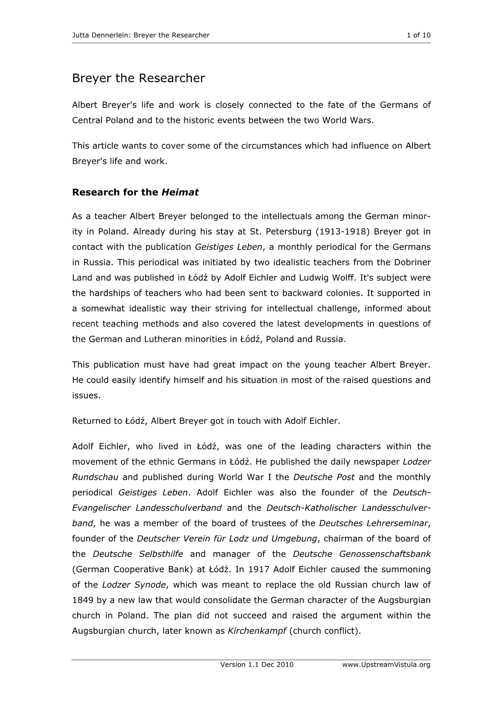 Albert Breyer's Life and Work Is Closely Connected to the Fate of the Germans of Central Poland and to the Historic Events Between the Two World Wars