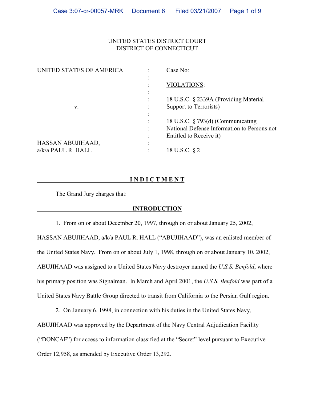 Case 3:07-Cr-00057-MRK Document 6 Filed 03/21/2007 Page 1 of 9