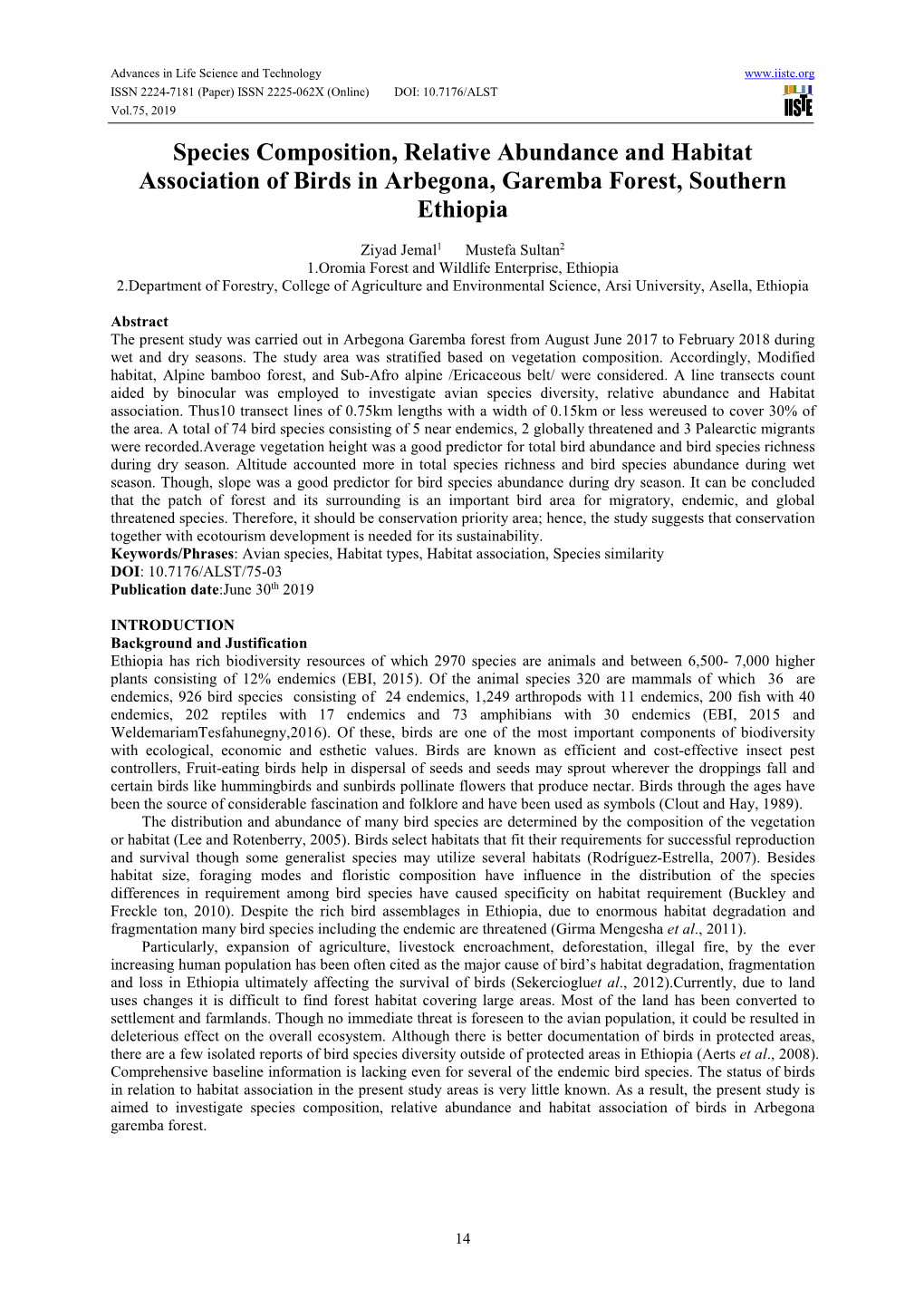 Species Composition, Relative Abundance and Habitat Association of Birds in Arbegona, Garemba Forest, Southern Ethiopia