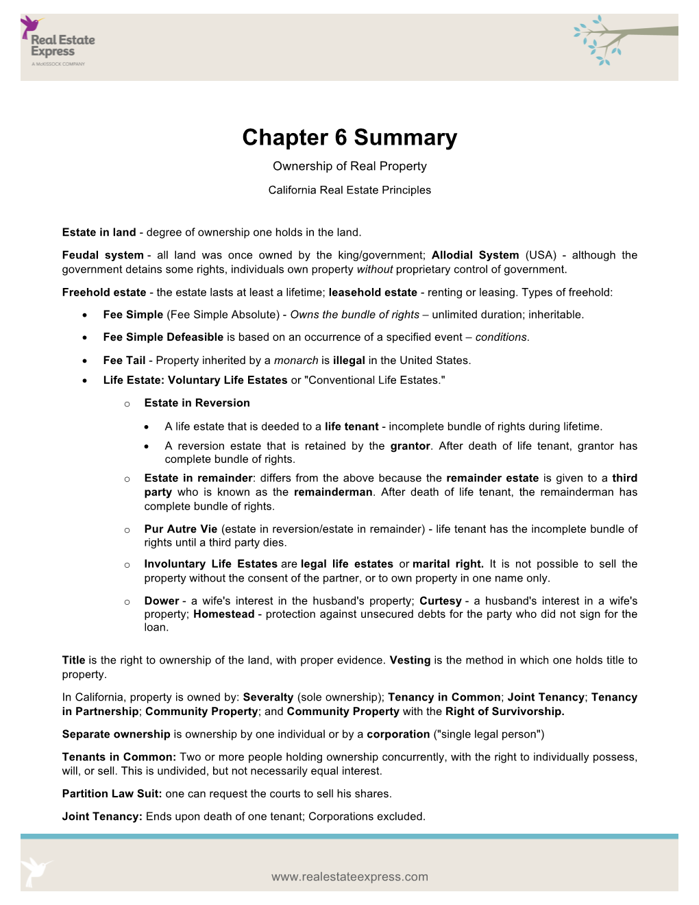 Chapter 6 Summary Ownership of Real Property