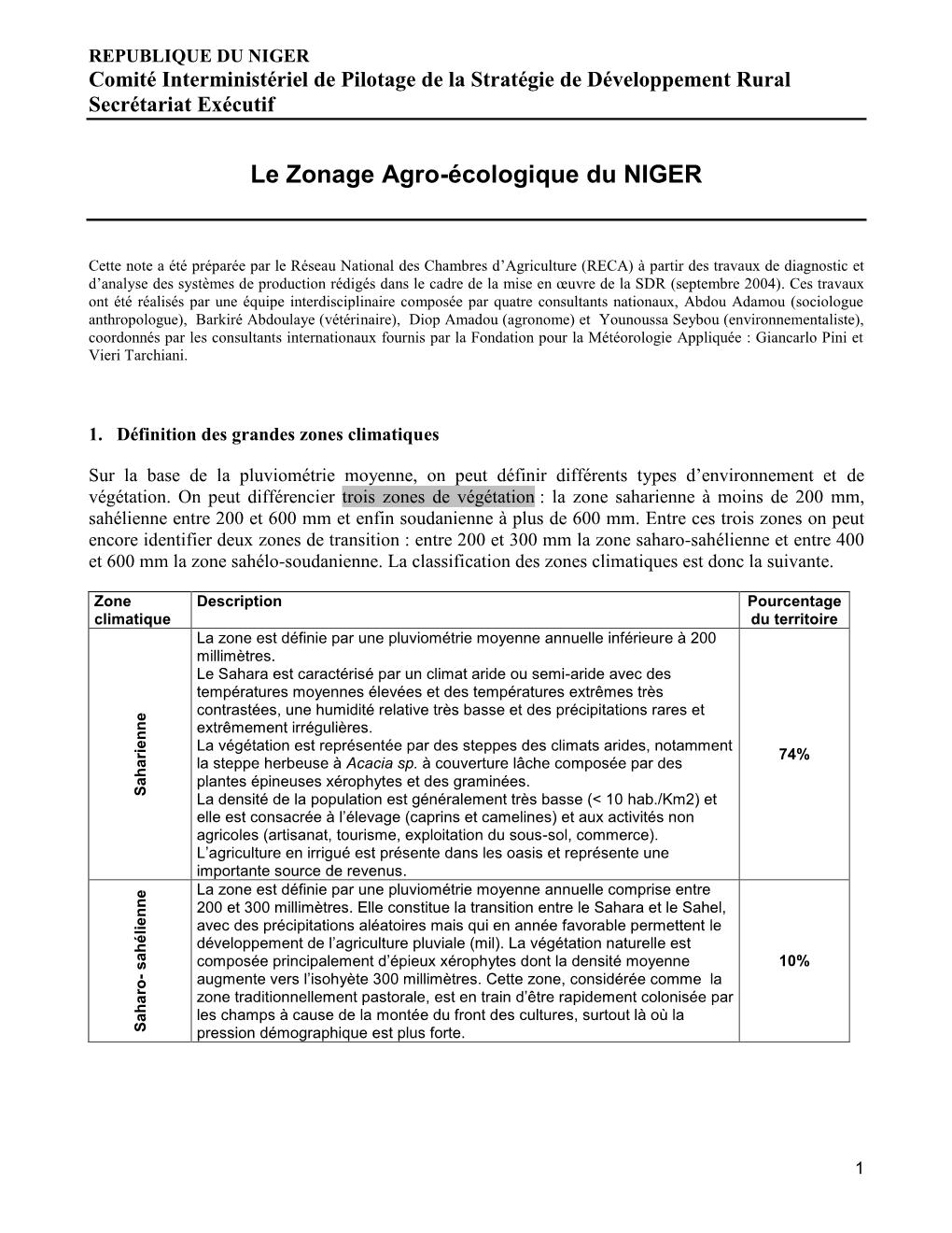 Le Zonage Agro-Écologique Du NIGER