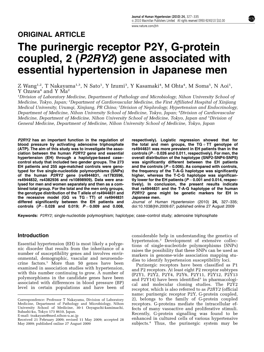 The Purinergic Receptor P2Y, G-Protein Coupled, 2 (P2RY2) Gene Associated with Essential Hypertension in Japanese Men