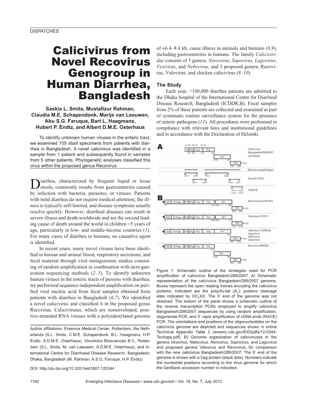 Calicivirus from Novel Recovirus Genogroup in Human Diarrhea