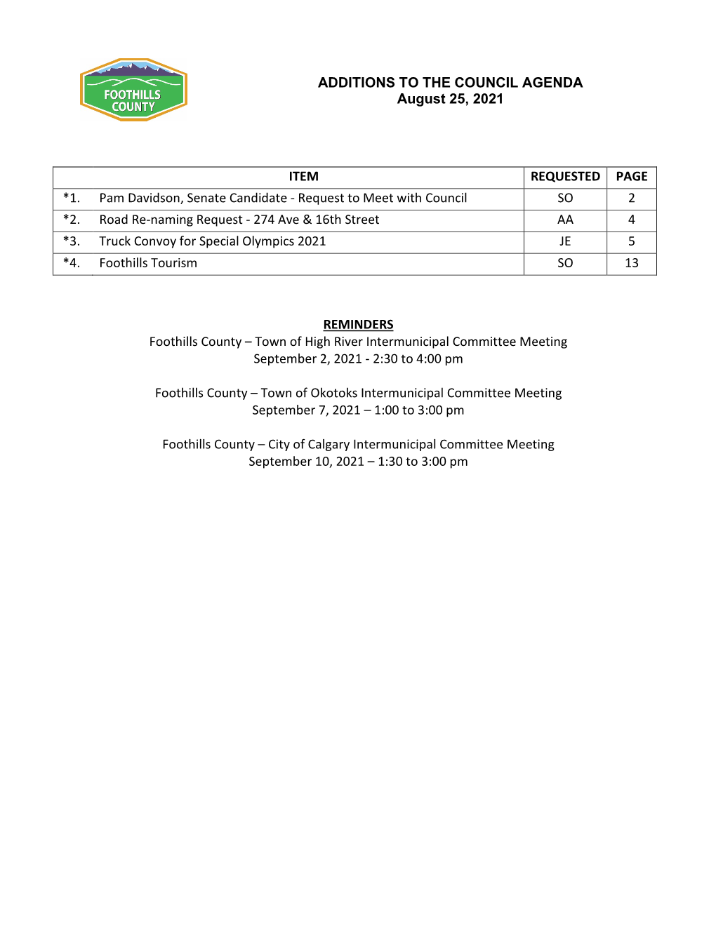 ADDITIONS to the COUNCIL AGENDA August 25, 2021