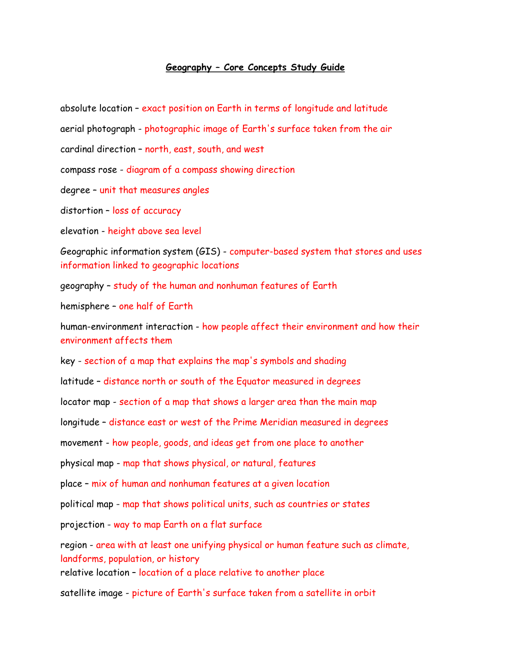 Core Concepts Study Guide Absolute Location – Exact Position on Earth In