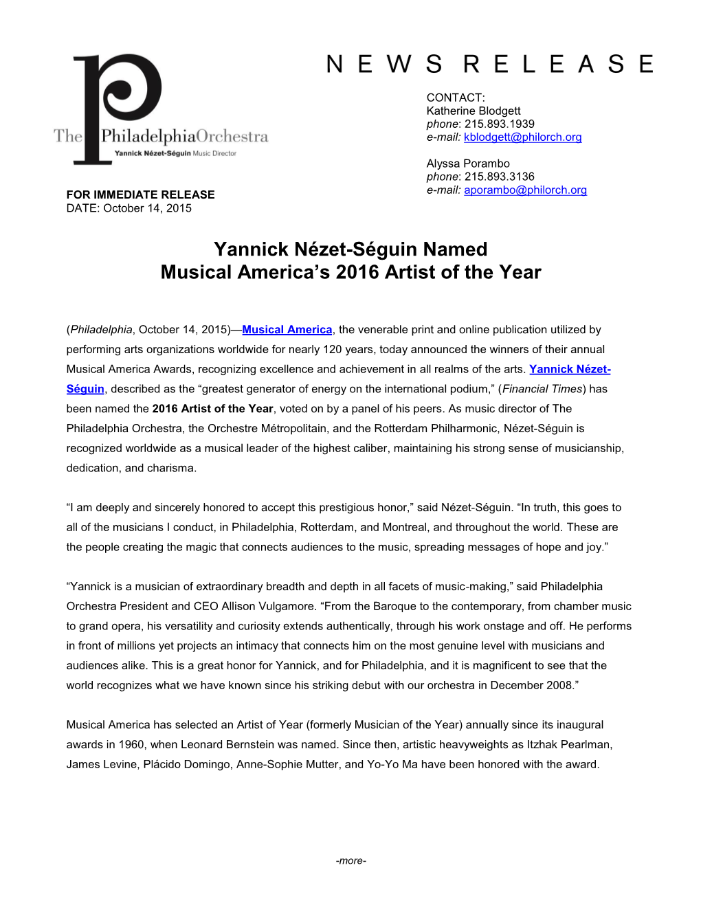 Yannick Nézet-Séguin Named Musical America's 2016 Artist of The