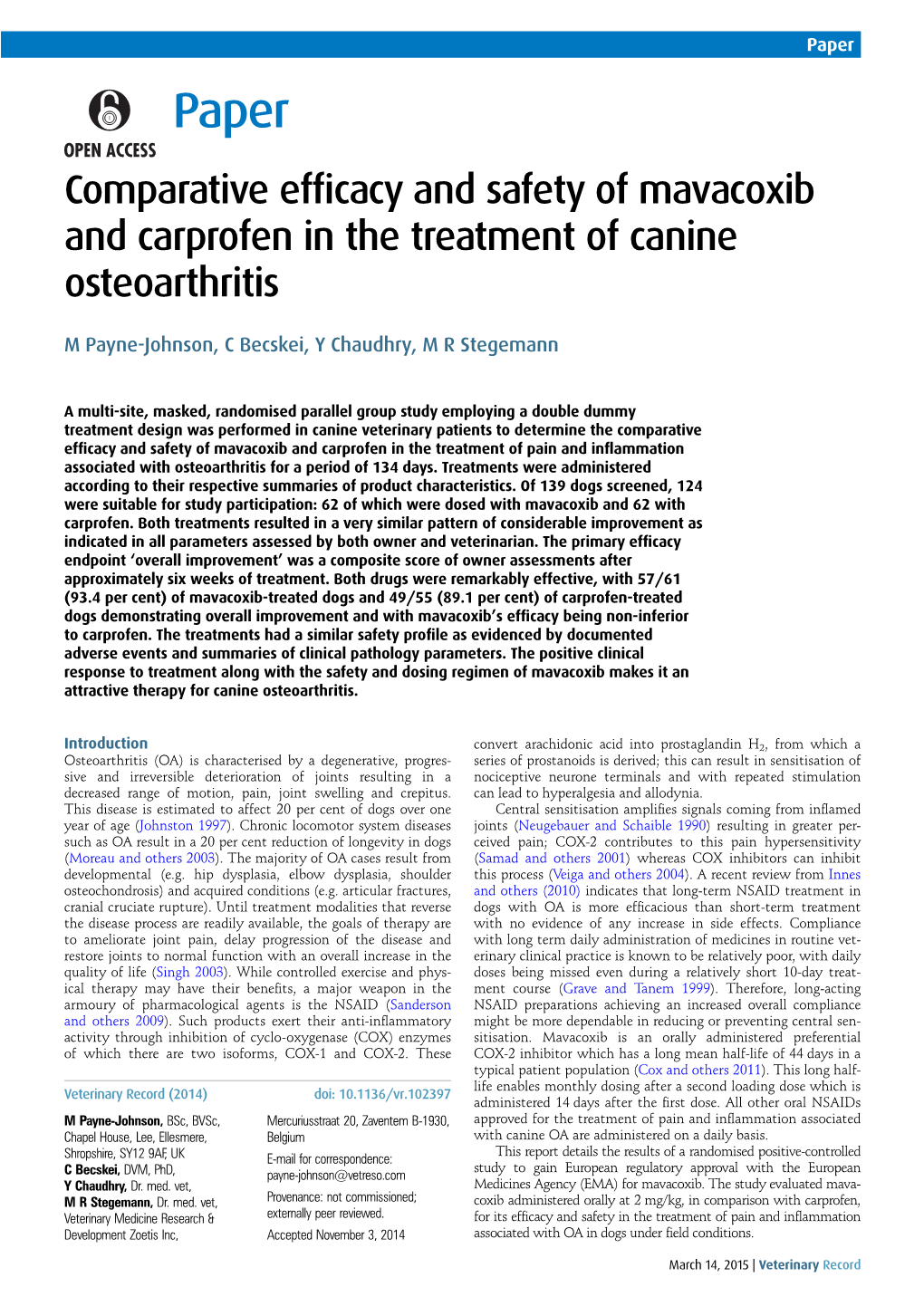 Comparative Efficacy and Safety of Mavacoxib and Carprofen in The