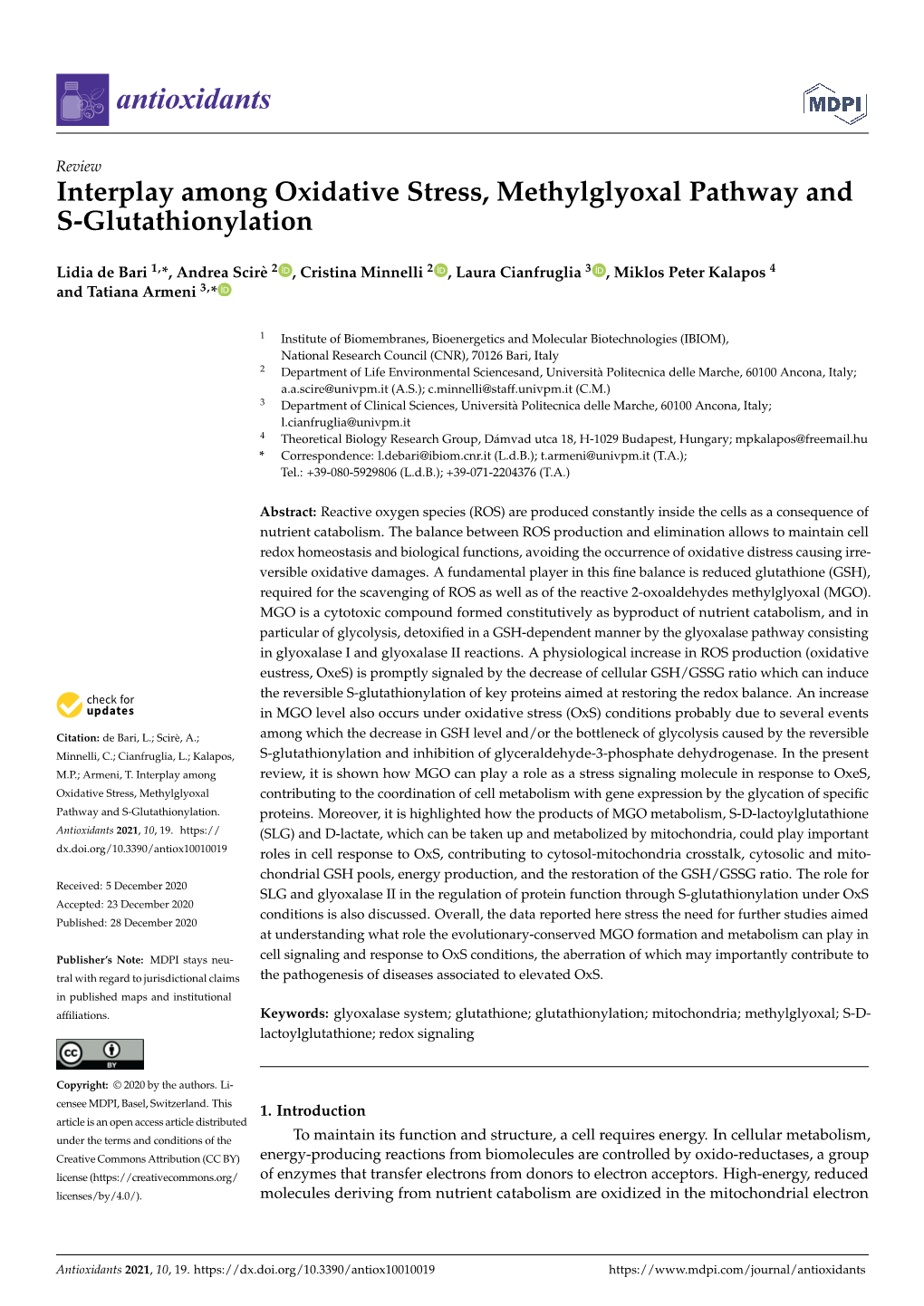 Interplay Among Oxidative Stress, Methylglyoxal Pathway and S-Glutathionylation
