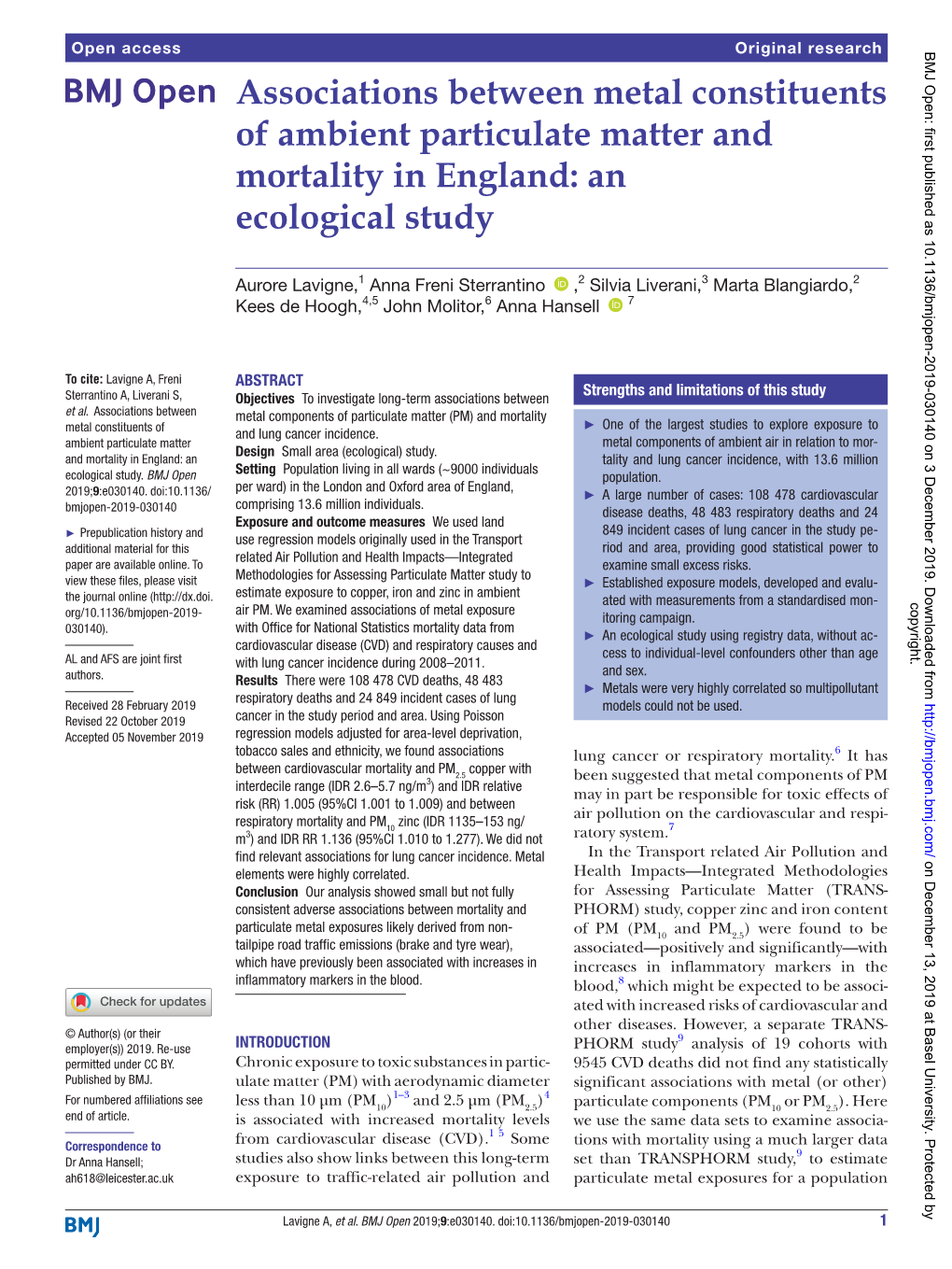 Associations Between Metal Constituents of Ambient Particulate Matter and Mortality in England: an Ecological Study