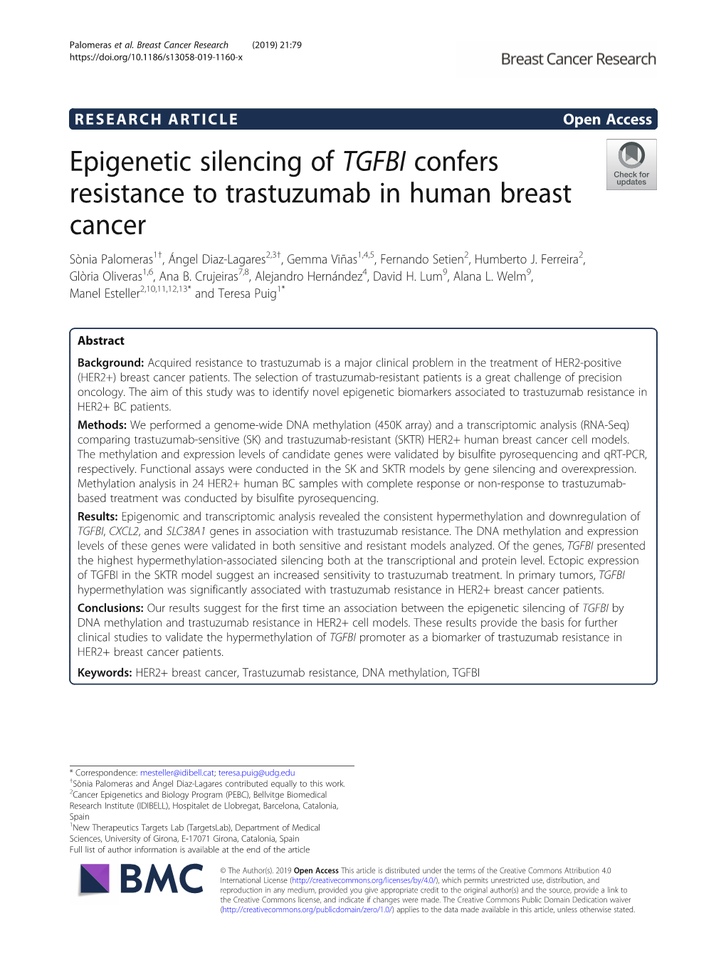 Epigenetic Silencing of TGFBI Confers Resistance to Trastuzumab in Human Breast Cancer