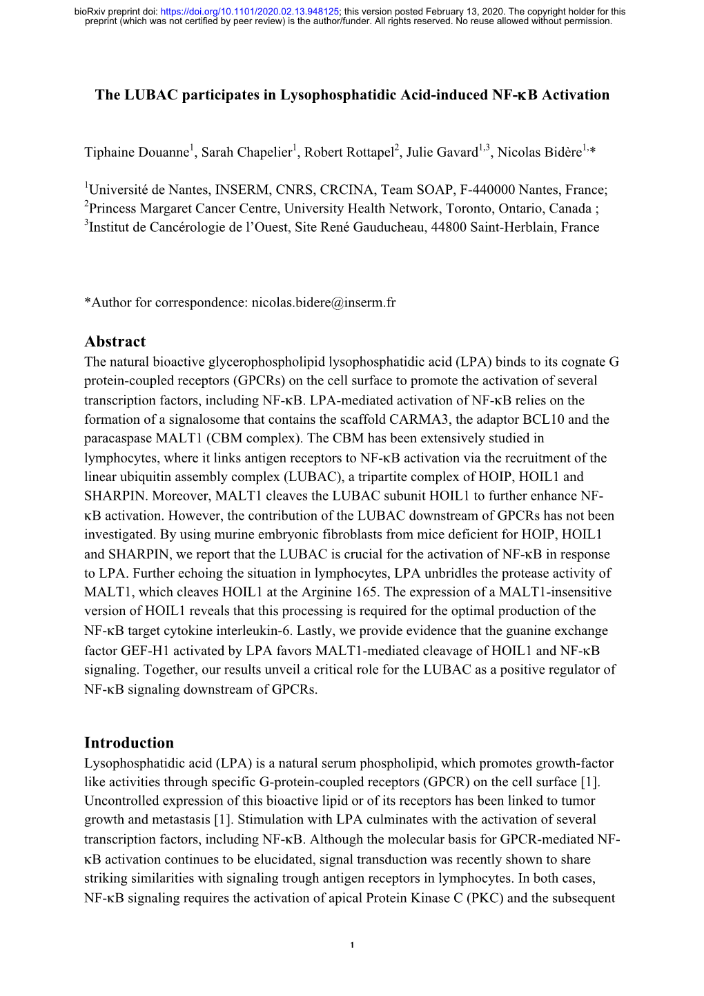 The LUBAC Participates in Lysophosphatidic Acid-Induced NF-Κb Activation