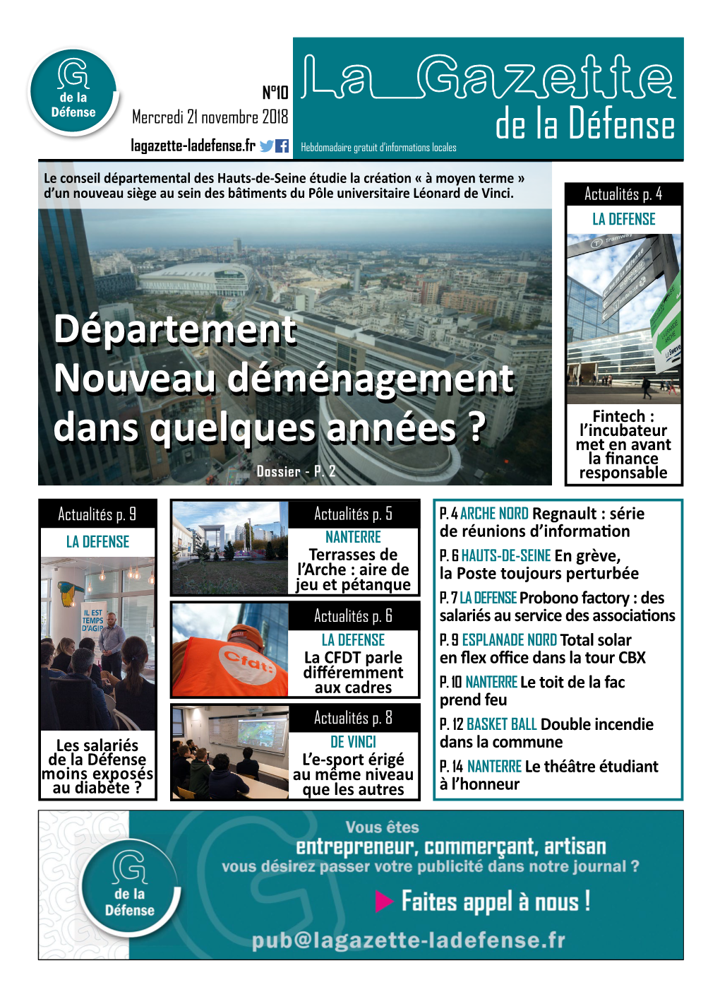 N°10 La Gazette Mercredi 21 Novembre 2018 De La Défense Lagazette-Ladefense.Fr Hebdomadaire Gratuit D’Informations Locales