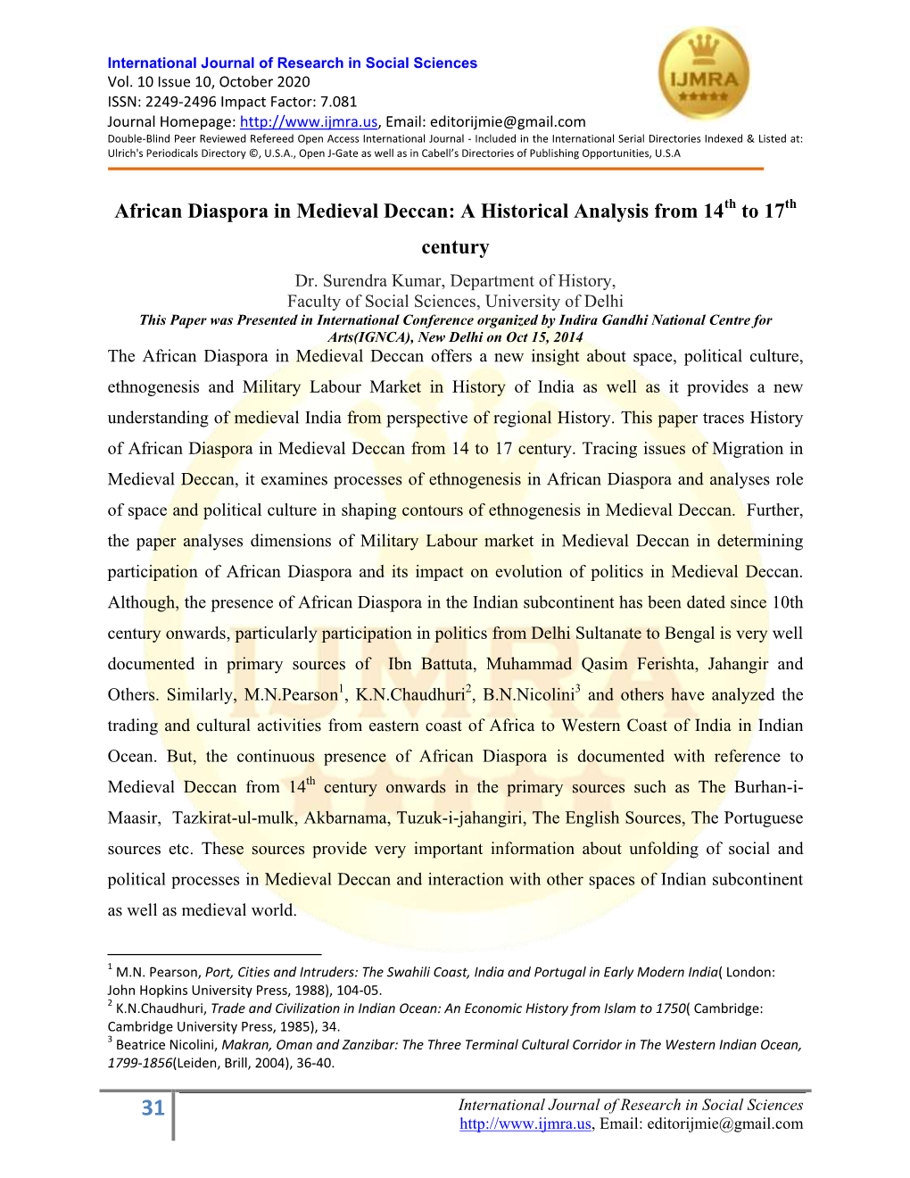 African Diaspora in Medieval Deccan: a Historical Analysis from 14Th to 17Th Century Dr