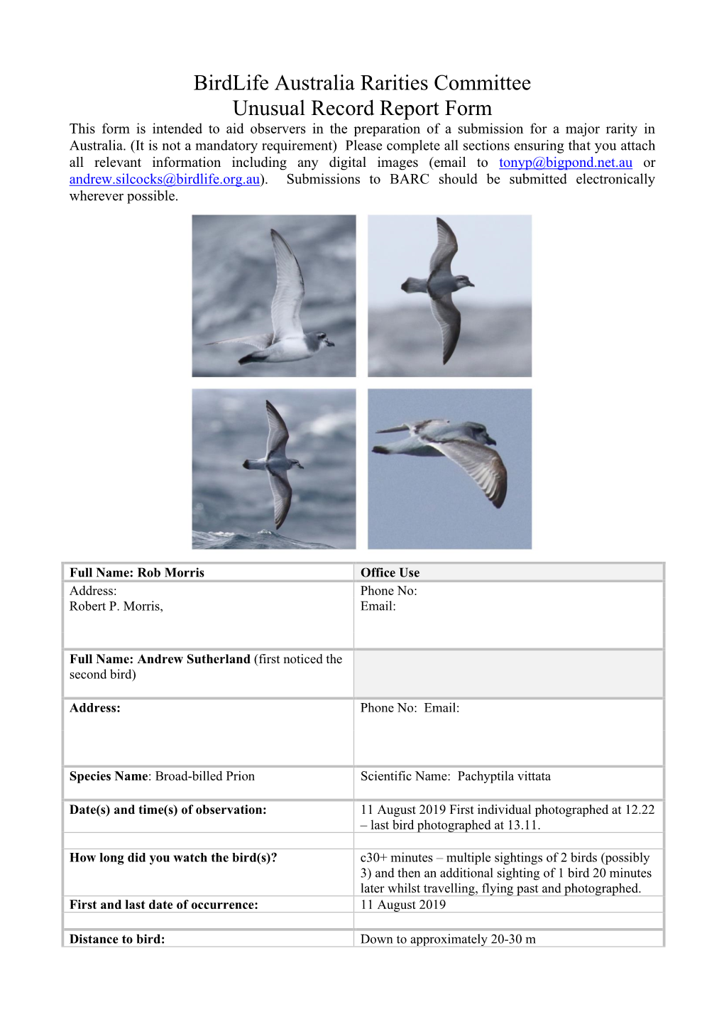 Birdlife Australia Rarities Committee Unusual Record Report Form