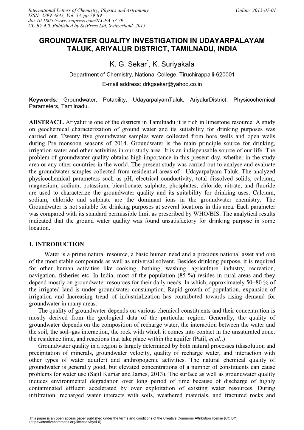 Groundwater Quality Investigation in Udayarpalayam Taluk, Ariyalur District, Tamilnadu, India