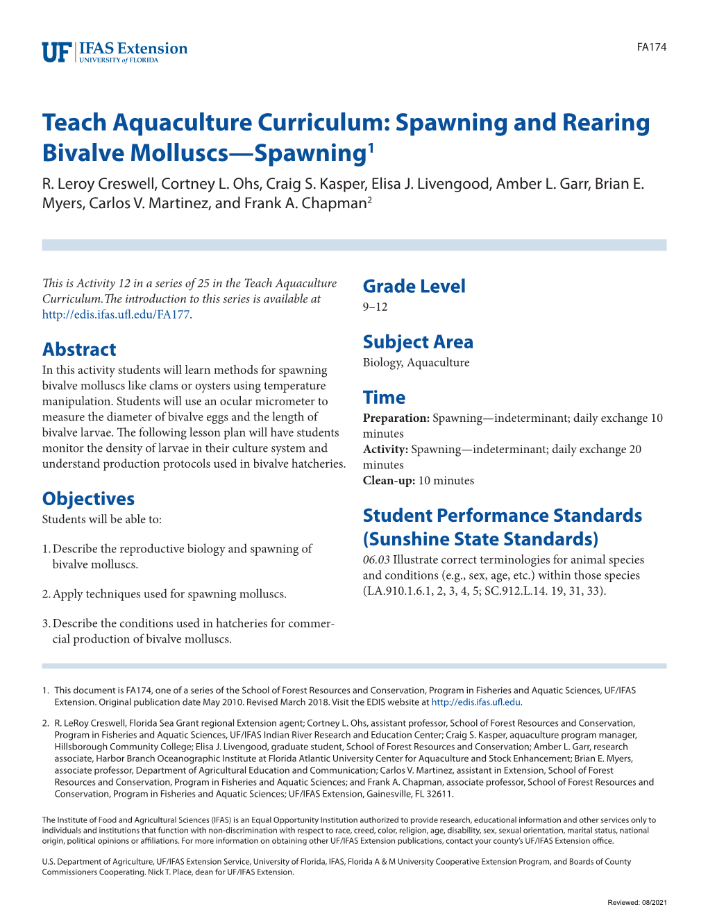 Spawning and Rearing Bivalve Molluscs—Spawning1 R